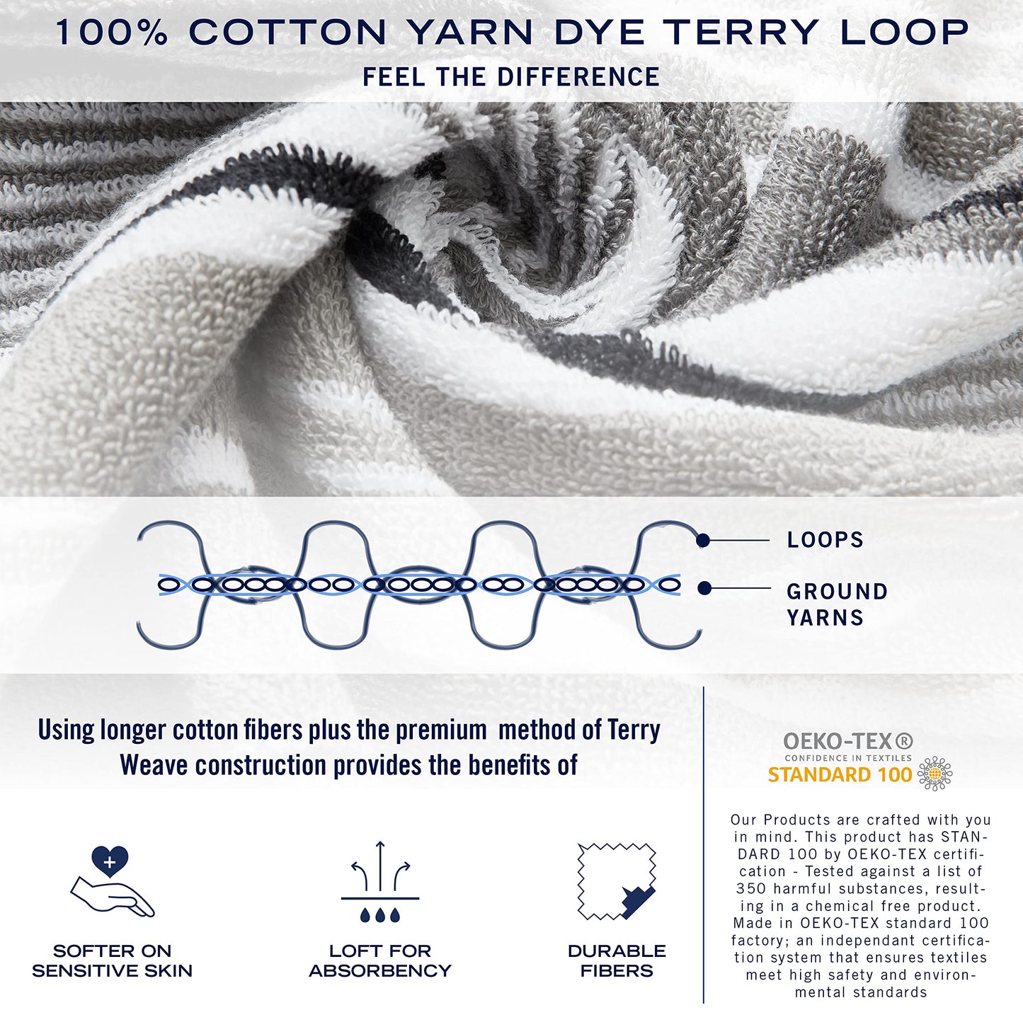 Nautica – Bathroom Towels, Washcloth, Bath & Hand Towel Set, Highly Absorbent Ribbed Terry Cotton, Set of 6, College Dorm Room Essentials (Signature Grey)