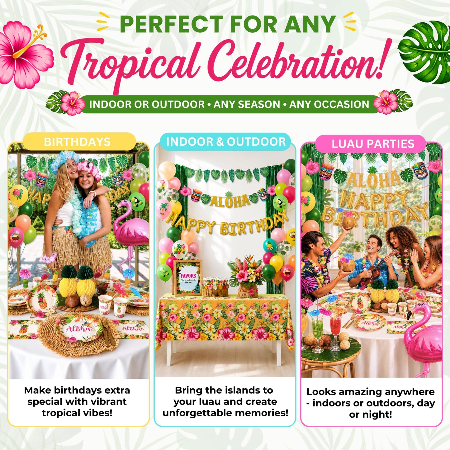 RainMeadow Premium Luau Birthday Party Decorations Set for 25 guests - Hawaiian Theme with Aloha Banner, Balloons, Flamingo, Tableware - Tropical Luau Party Supplies