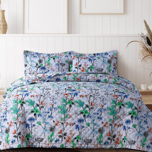 AZORES HOME Chloe Floral Printed Ultra-Soft 3-Piece Oversized Quilt Set, Easy Care and Fade Resistant - Queen, Green