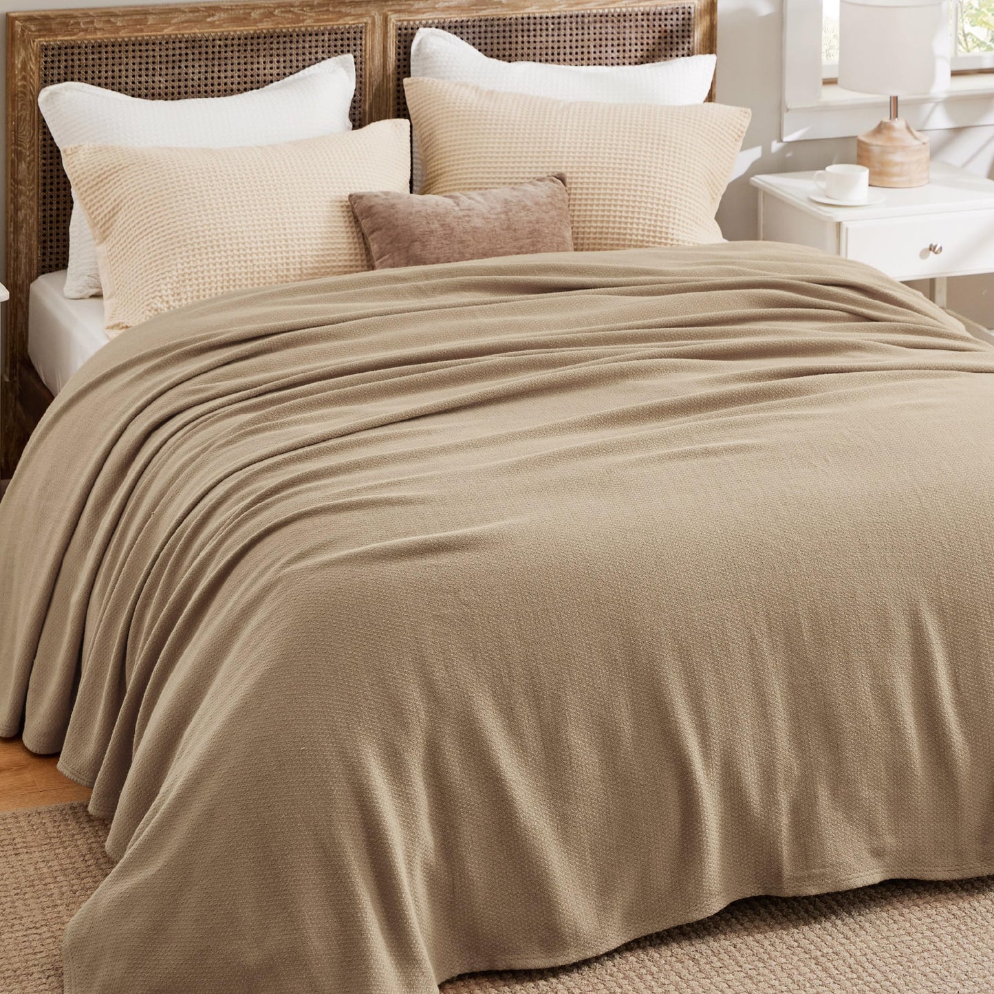 Bedsure GentleSoft 100% Cotton Large Blanket Oversized King for Bed 120x94 inches - Breathable Soft Cozy Herringbone Woven Blanket for Summer, Couch Cover, Light Brown