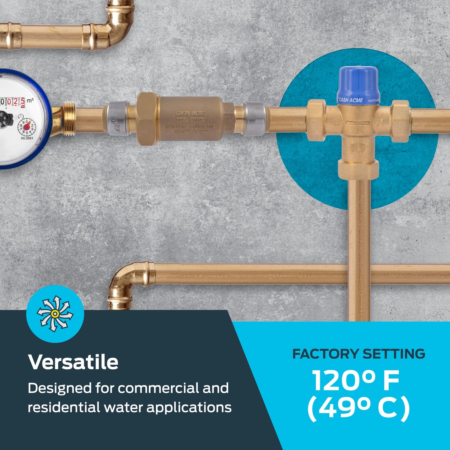 Cash Acme 1/2 Inch HG110 Crimp Thermostatic Mixing Valve with Barb Connections and Integral Checks, Brass Plumbing Fitting, 24506
