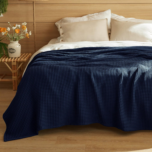 Bedsure 100% Cotton Blanket Queen Size for Spring Summer, Waffle Weave Thin Lightweight Breathable Blanket for Bed, Cotton Bedding Room Decor Gifts for Women, Men, Navy Blue, 90" x 90"