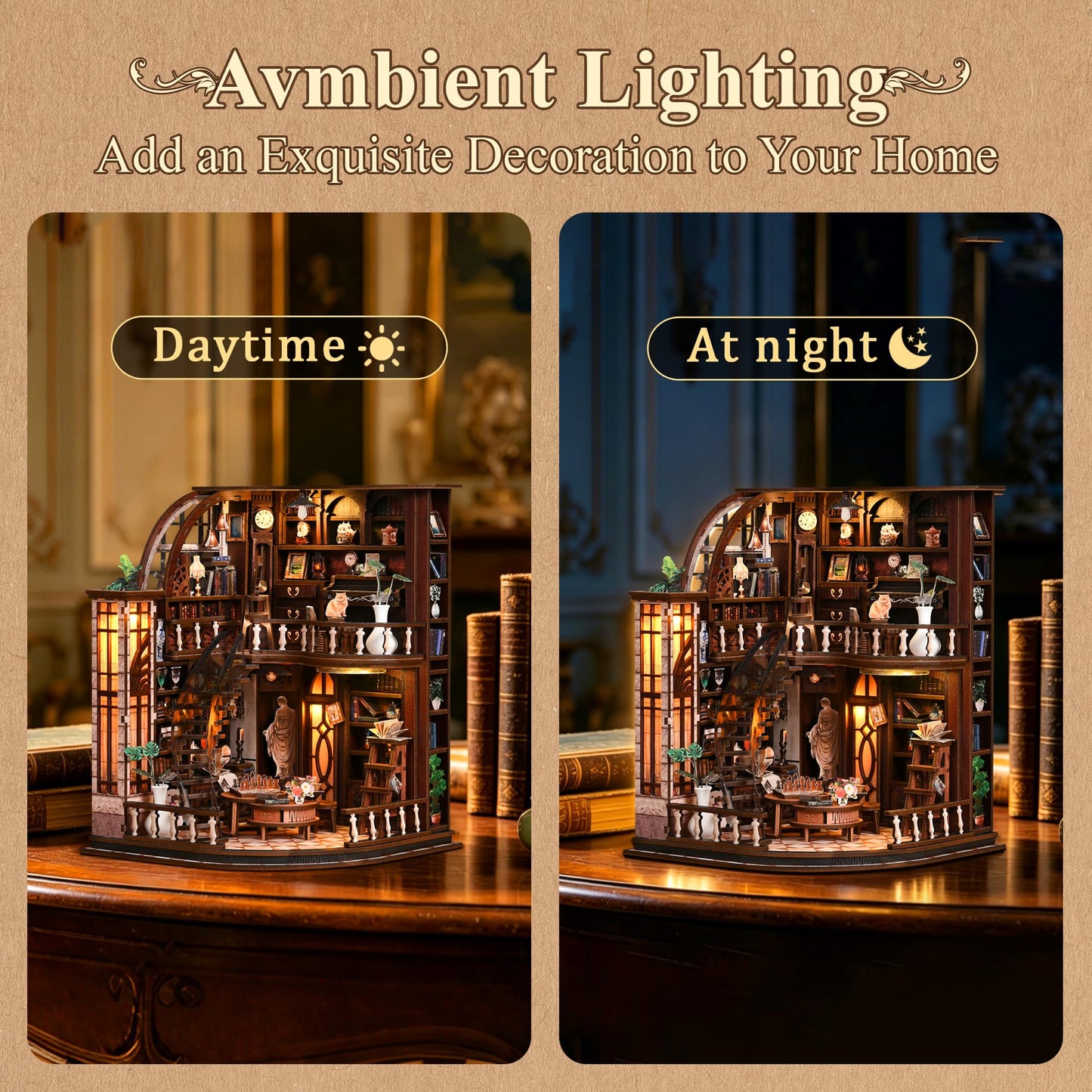 SUNNINO Library Book Nook Kits for Adults, DIY Miniature Dollhouse Bacchus Book Nook Kit, 3D Wooden Puzzle Bookshelf Decor Craft Kits Gift with Led Light for Friend Family