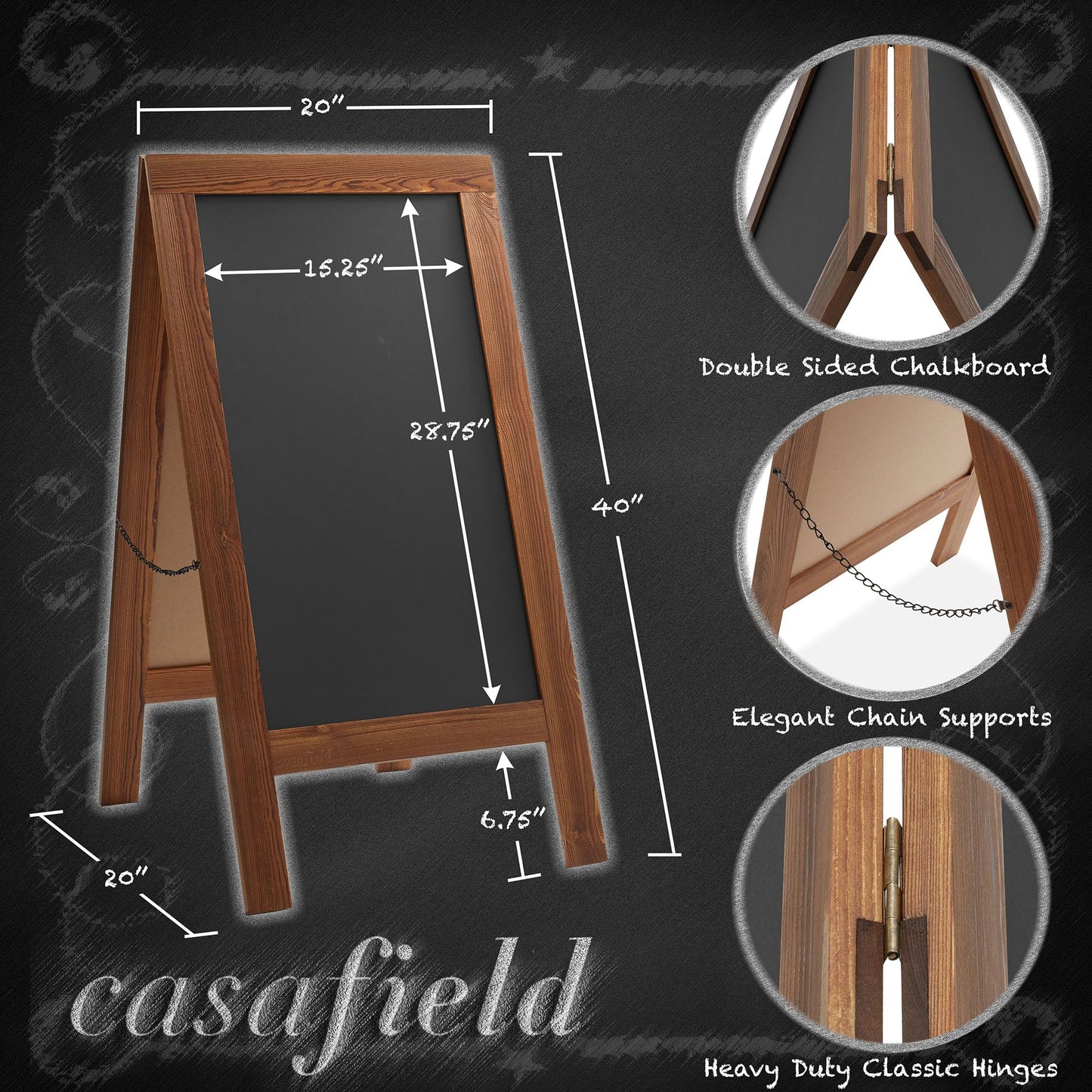 Casafield A-Frame Chalkboard Sign, 40 x 20 Rustic Brown Wooden Double-Sided Magnetic Easel Menu Board for Restaurants, Cafes, Sidewalks, Weddings