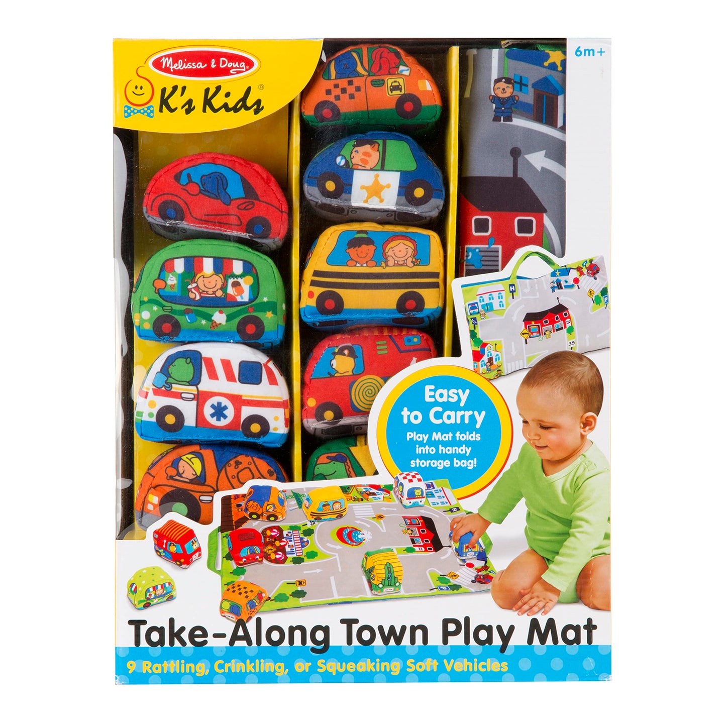 Melissa & Doug Take-Along Town Play Mat (19.25 x 14.25 inches) with 9 Soft VehiclesSoft Baby Play Mat with Storage Bag, Toy Vehicle Sets for Babies