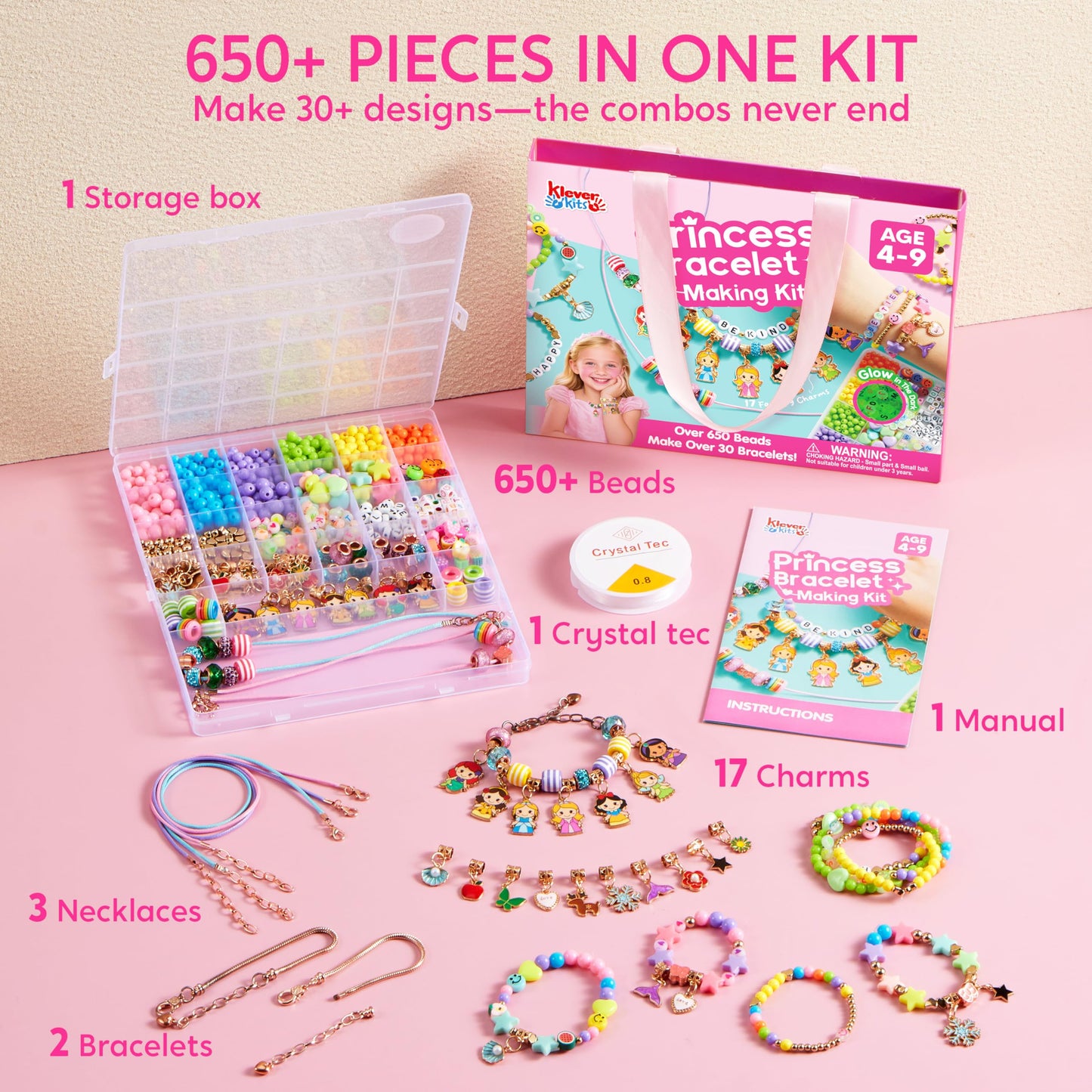 Klever Kits Princess Bracelet Making Kit, Jewelry Making Kit, Bracelets for Girls, Crafts for Kids, 4 5 6 7 8 Year Old Girl Birthday Gifts, Over 650 Beads, Make 30+ Designs, Easter Gifts
