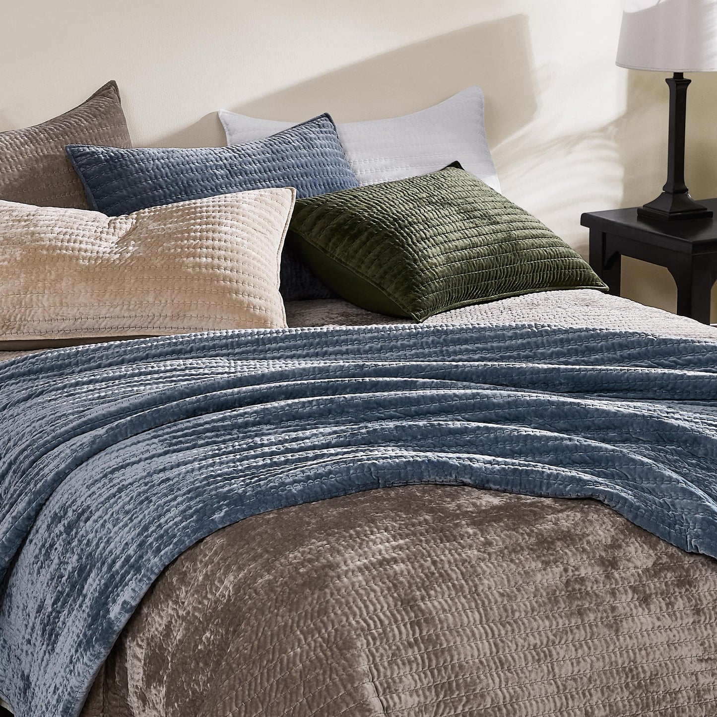 WDCOZY Velvet Queen Size Quilt Set - Brown Taupe Tan Camel Striped Pick Stitch Soft Lightweight Bedspread, Channel Farmhouse Country Rustic Coverlet, Modern Bedding Warm Thin Comforter, 3 Pieces