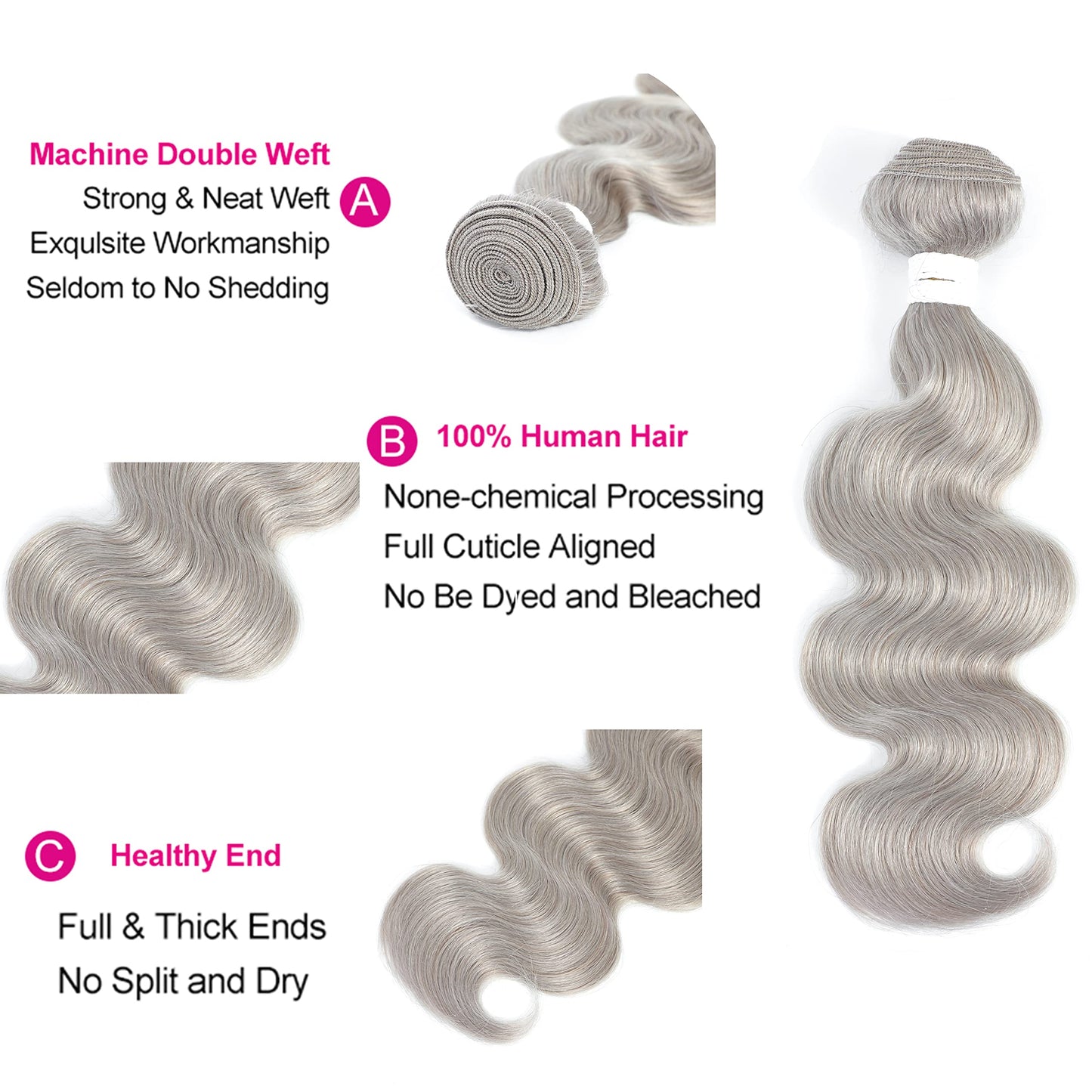 Brazilian Body Wave Bundles (18inch，1PC) Grey Human Hair Weave Bundles 9A 100% Remy Human Hair Weft Extension For Women