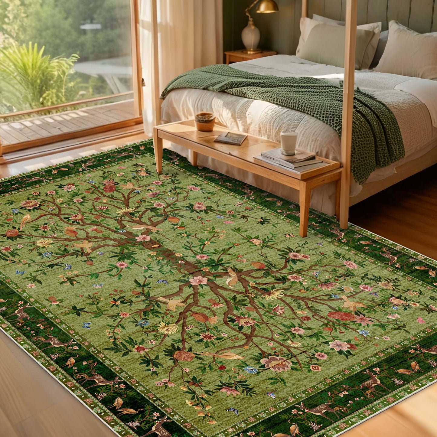TANVILL Green Area Rugs 5x7, Machine Washable Non-Slip Rug, Boho Floral Botanical Soft Low Pile Throw Rugs for Living Room, Bedroom, Dining Room, Office