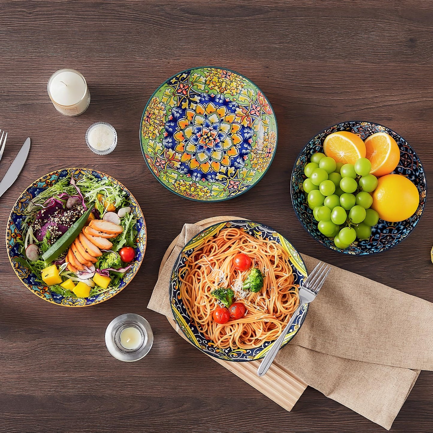 vancasso Pasta Bowls, 42 oz Ceramic Salad Bowls of 4,Large Corlorful Serving Bowls for Kitchen, Dishwasher & Microwave Safe Soup Bowls, Pasta Plates