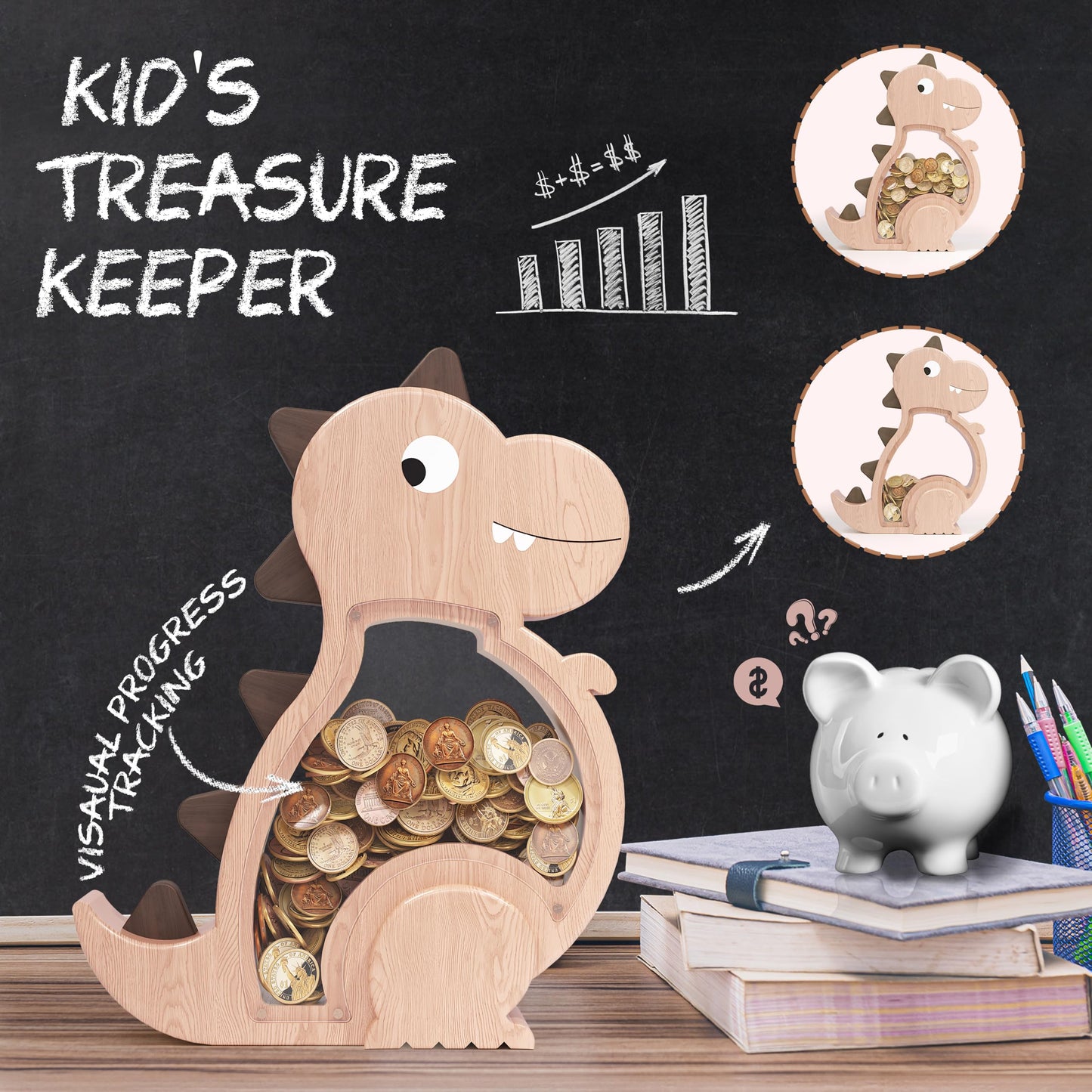 Kibelly Wooden Dinosaur Piggy Bank,Cute Money Bank for Boys and Girls, Unbreakable Wood Coin Bank, Creative Saving Money Jar Personalized Present for Child Birthday & Decor
