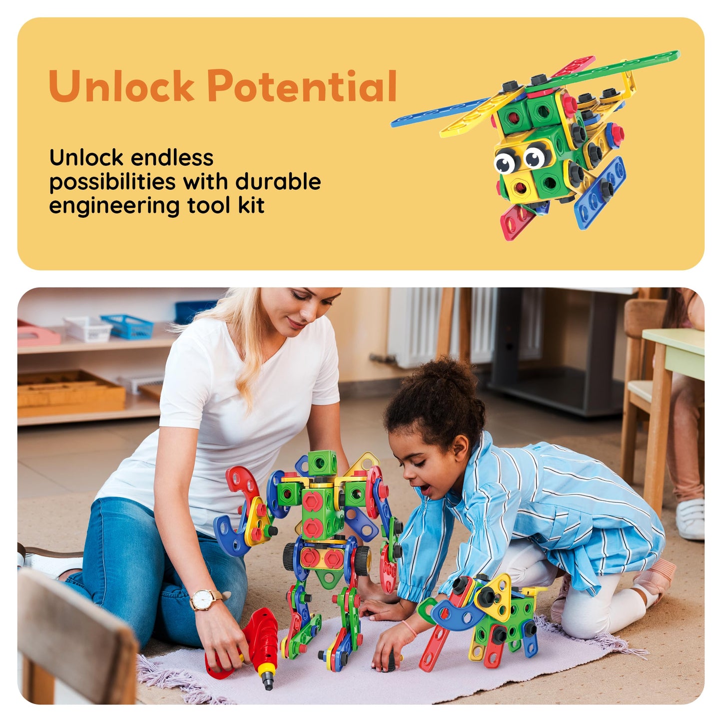 PicassoTiles STEM Learning Toys 201 Piece Building Block Kids Construction Engineering Kit Toy Blocks Children Early Education Playset w/Free IdeaBook, Power Drill, Clickable Ratchet, Age 3+ PTN201