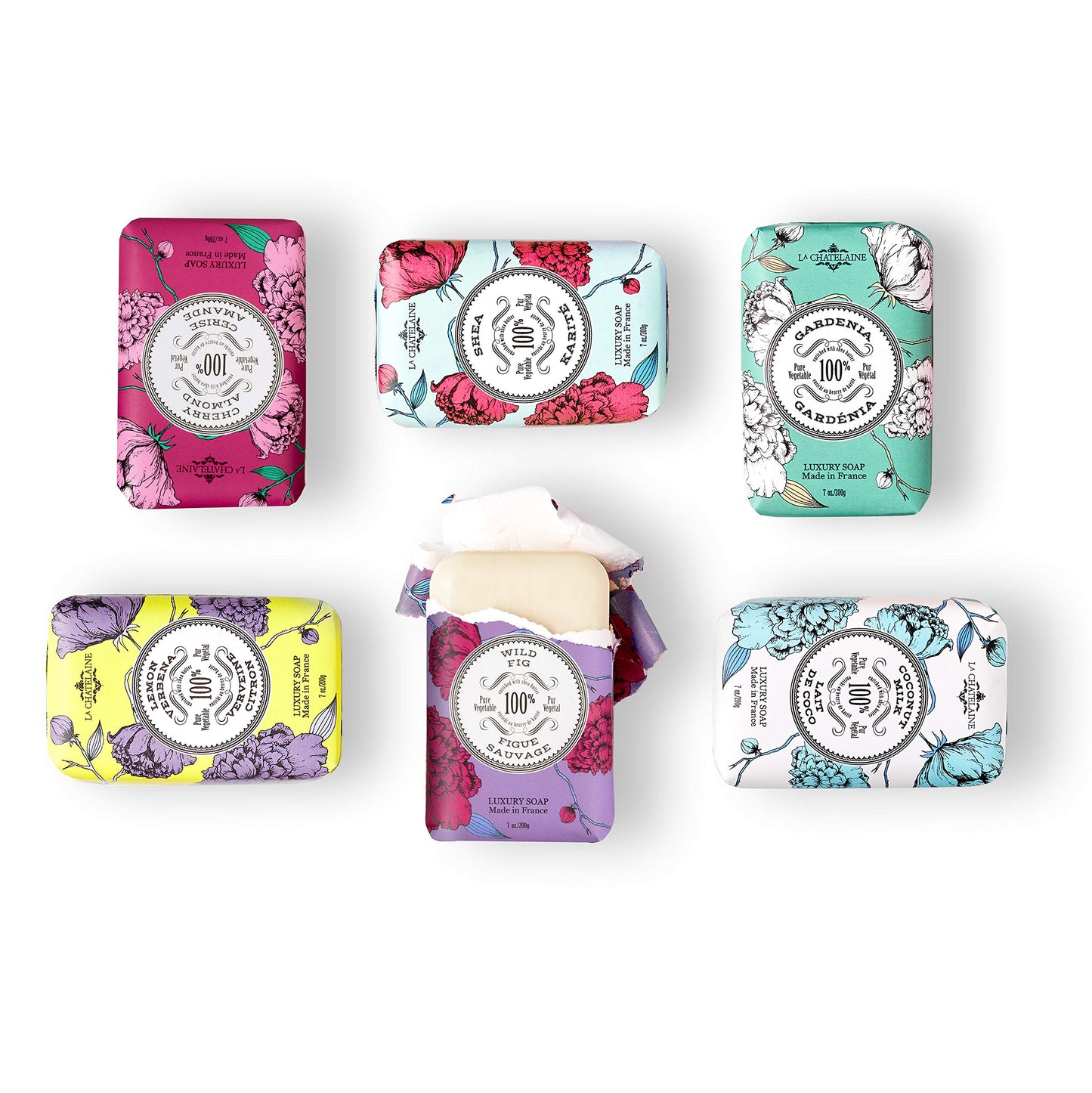 La Chatelaine Luxury Soap Collection | Oprahs Favorite Things | Shea Butter Bar Soaps, Made in France | Natural | Set of 6, 7 oz (Gardenia, Coconut Milk, Lemon Verbena, Cherry Almond, Shea, Wild Fig)