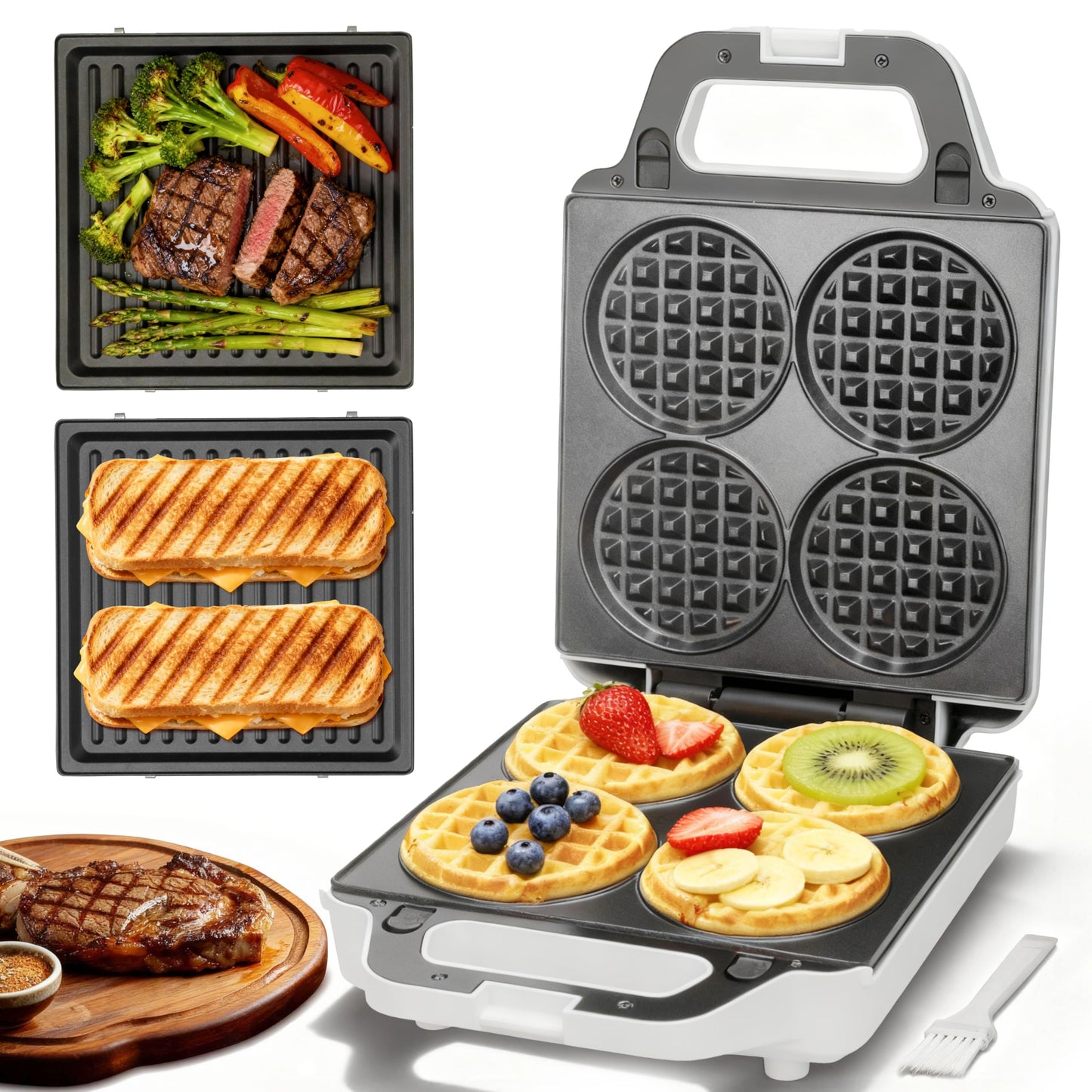 SugarWhisk 2 in 1 Mini Waffle Maker with Removable Plates, Panini Press Sandwich Maker, Sandwich Press, Waflera Electrica, Sandwichera Electrica, 4 X 4 Inch Classic Waffle Maker for Kids, White