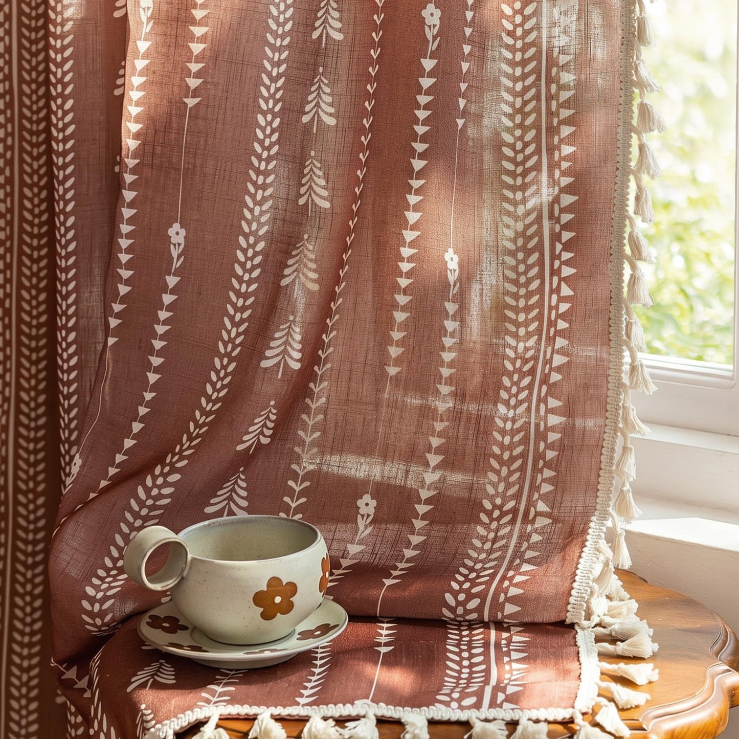 MEETSKY Boho Curtains for Living Room, Terracotta Curtains 84 Inch Long Linen Blended Semi Sheer Curtains with Tassels Back Tab, Light Filtering Patterned Drapes 50" W x 84" L Each Panel, 2 Panels