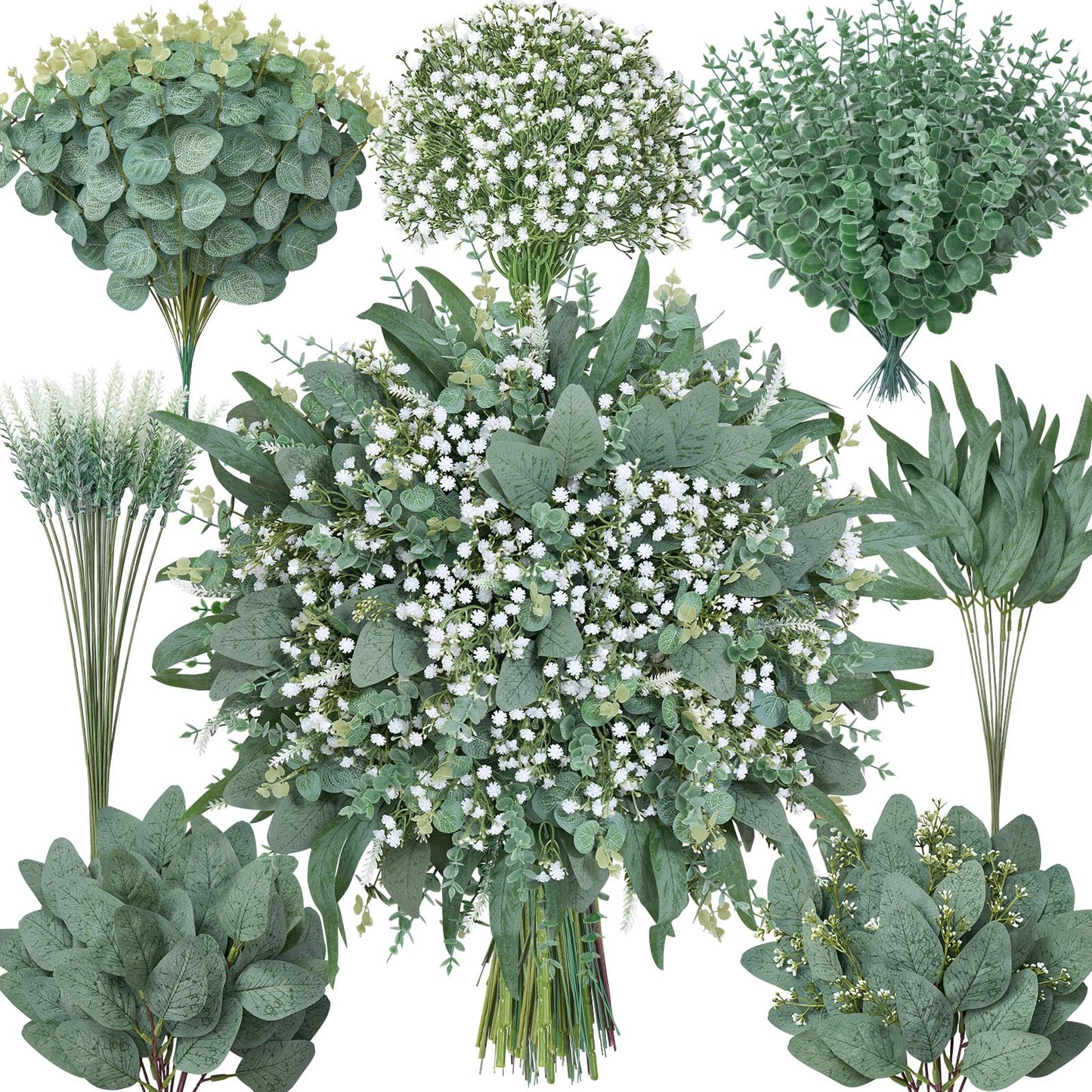 Serwalin 180 Pcs 7 Kinds Mixed Artificial Eucalyptus Greenery Stems Bulk, Baby Breath Flowers Artificial with Faux Leaves Picks for DIY Bouquets Wedding Floral Centerpieces Vase Table Home Decor