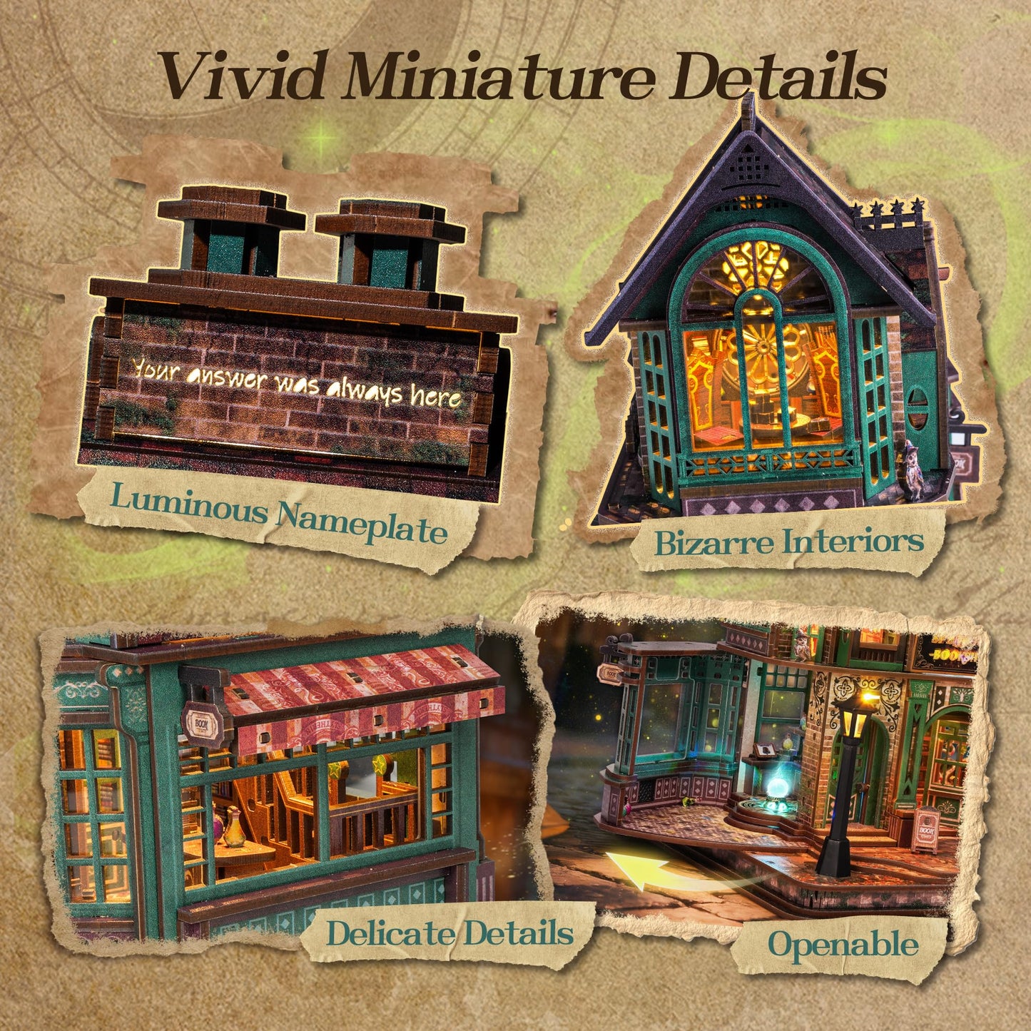 FUNPOLA 3D Wooden Puzzle Magic Bookstore with LED Lights - DIY Miniature Kit, Spellbound Bookshop, Home Décor Display, Creative Gift for Adults and Teens