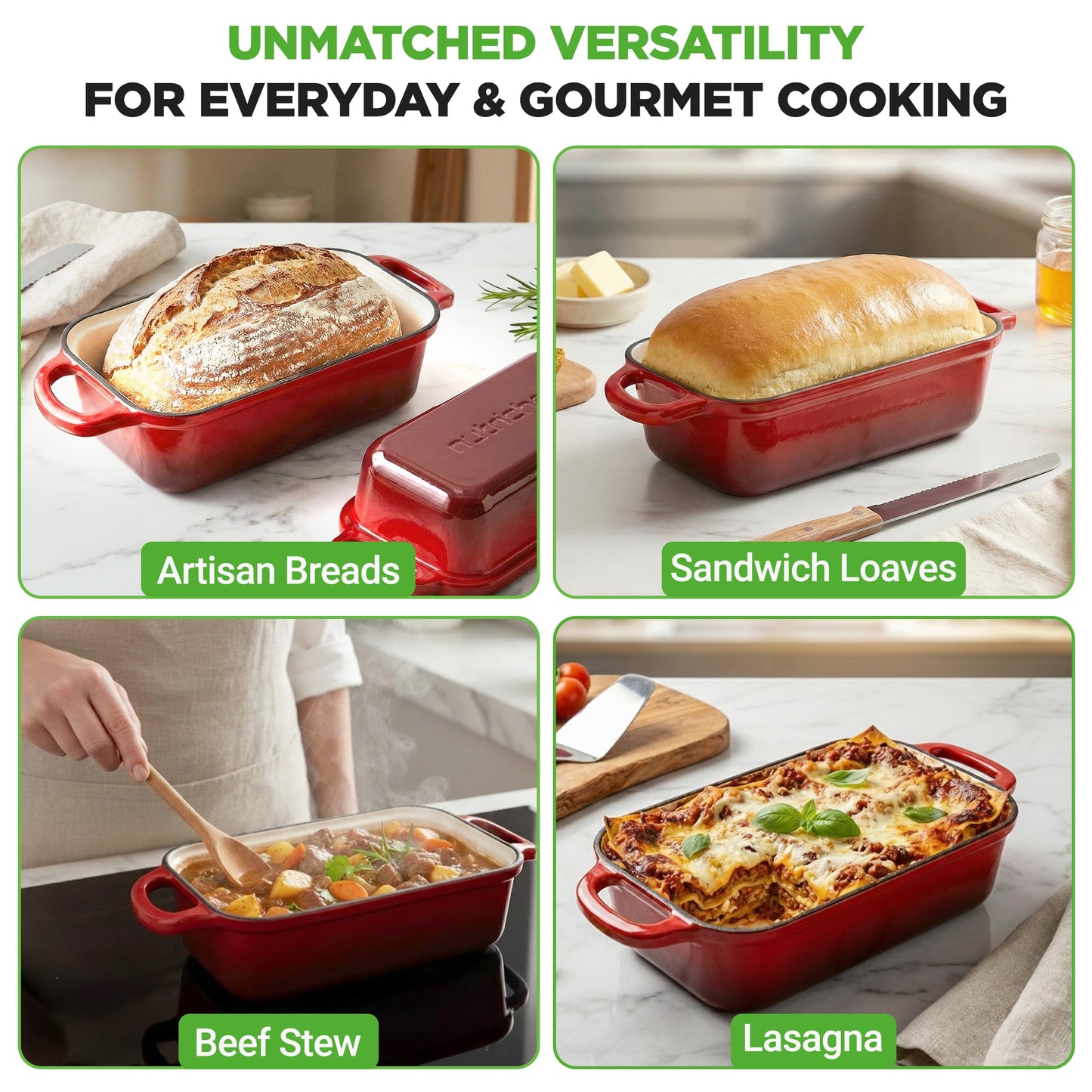 NutriChef 9x5" Enameled Cast Iron Loaf Pan with Lid, Enamel-Coated Baking Loaf Pan for Sourdough, Oven Safe, Nonstick Bread Pan with Silicon Gloves, Dishwasher Safe, Red