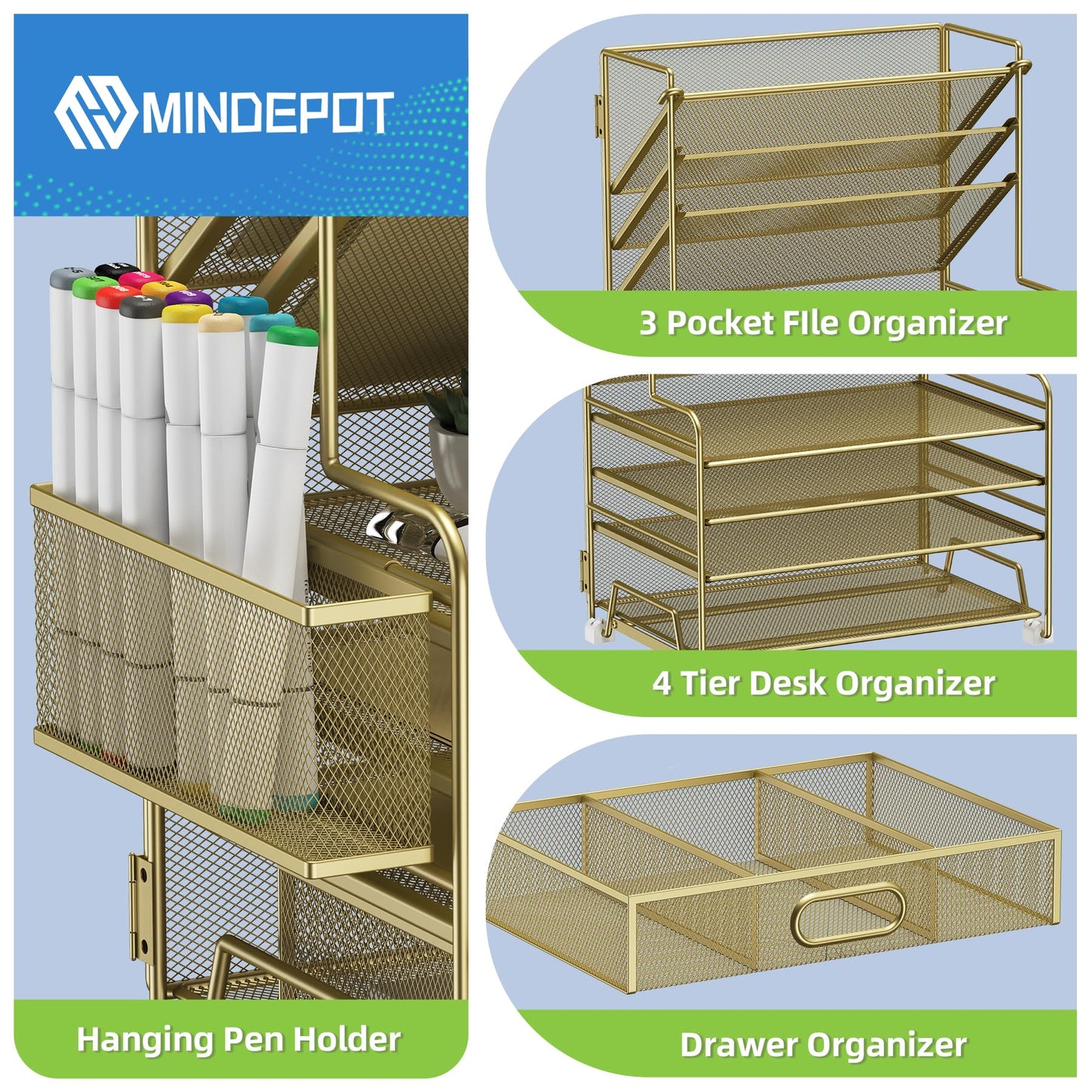 MINDEPOT 4-Tier Paper Organizer + 3-Pocket File Holder + Drawer + Pen Holders, Desktop File Organizers Paper Tray for Office Supplies School Classroom Organization (Gold, with Drawer & Pen Holder)