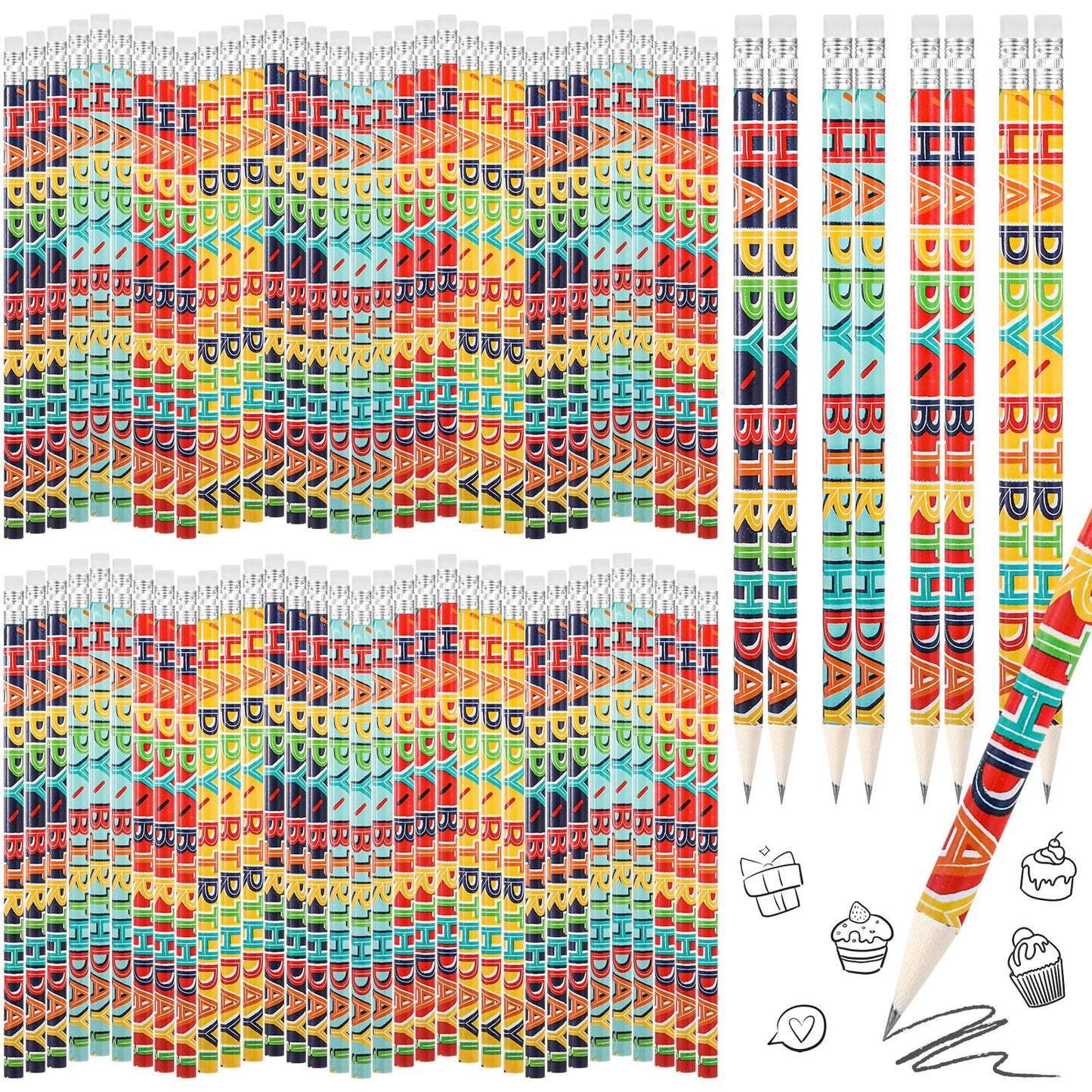 Kosiz 400 Pcs Happy Birthday Pencils Colorful Birthday Pencil Bulk Back to School Wooden Pencils with Top Erasers for Students Teachers Classroom Reward Party Gifts Supplies