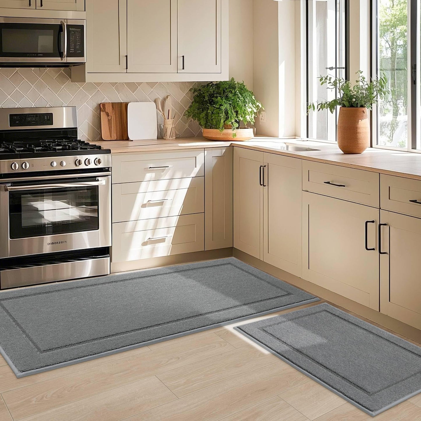Non-Slip Kitchen Mats, Self Adhesive No Sliding Kitchen Rugs Set of 2, Soft Washable Absorbent Floor Rugs for Area Rug, Kitchen, Entrance, Bathroom, Laundry Room, Bedroom, 24”x36”+24”x60”, Light Grey