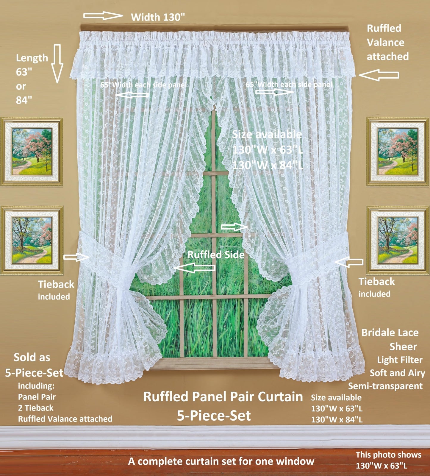 Today's Curtain, Priscilla Lace Bridal Ruffled Pair 63", White, 5-Piece-Set, 130" W x 63" L