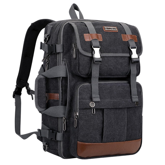 WITZMAN Canvas Travel Backpack for Men Large Laptop Backpack Fit 16 inch Carry-on Airline Approved Convertible Shoulder Rucksack(A6617-3 Black)
