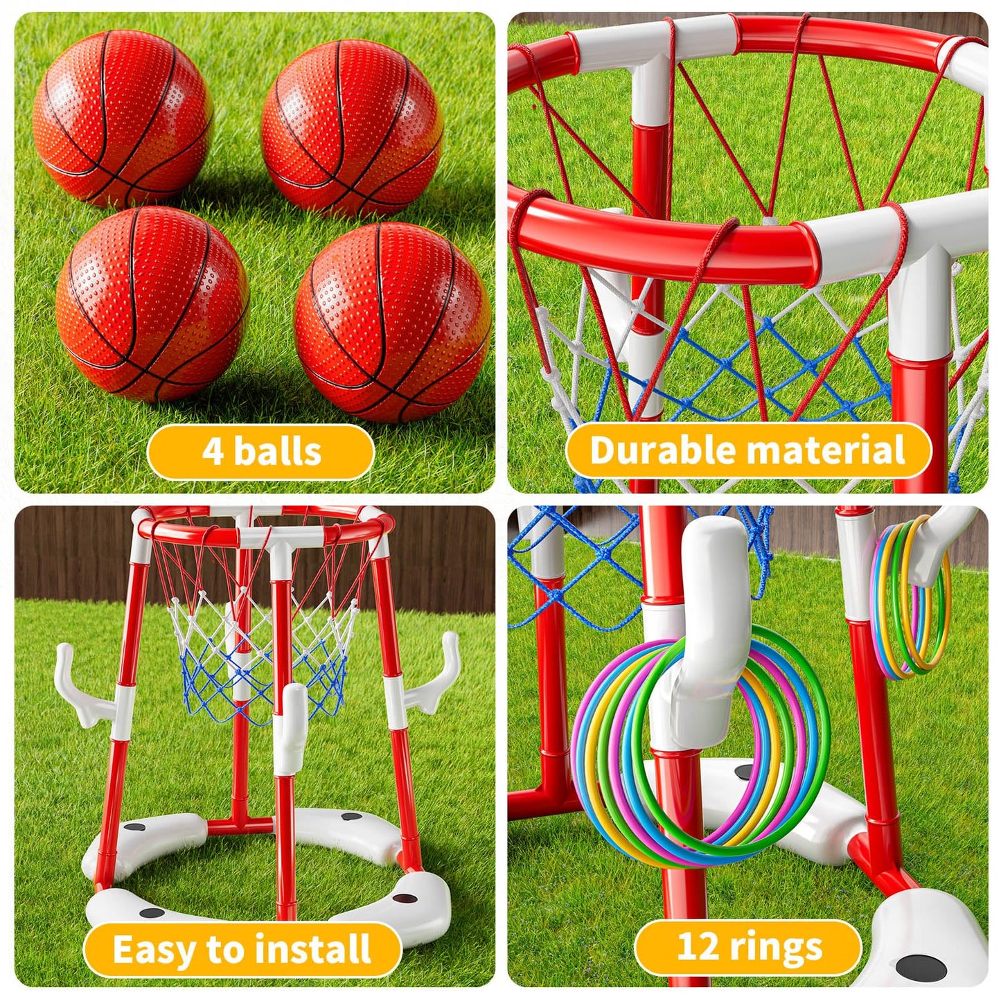 NIPLOOOW Pool Basketball Hoop, 2-in-1 Floating Pool Toys Ring Game with 4 Balls and Pump, Outdoor Swimming Pool Basketball Games Water Play Toy Family Party for Kids Adults Age 3-12 (Red)