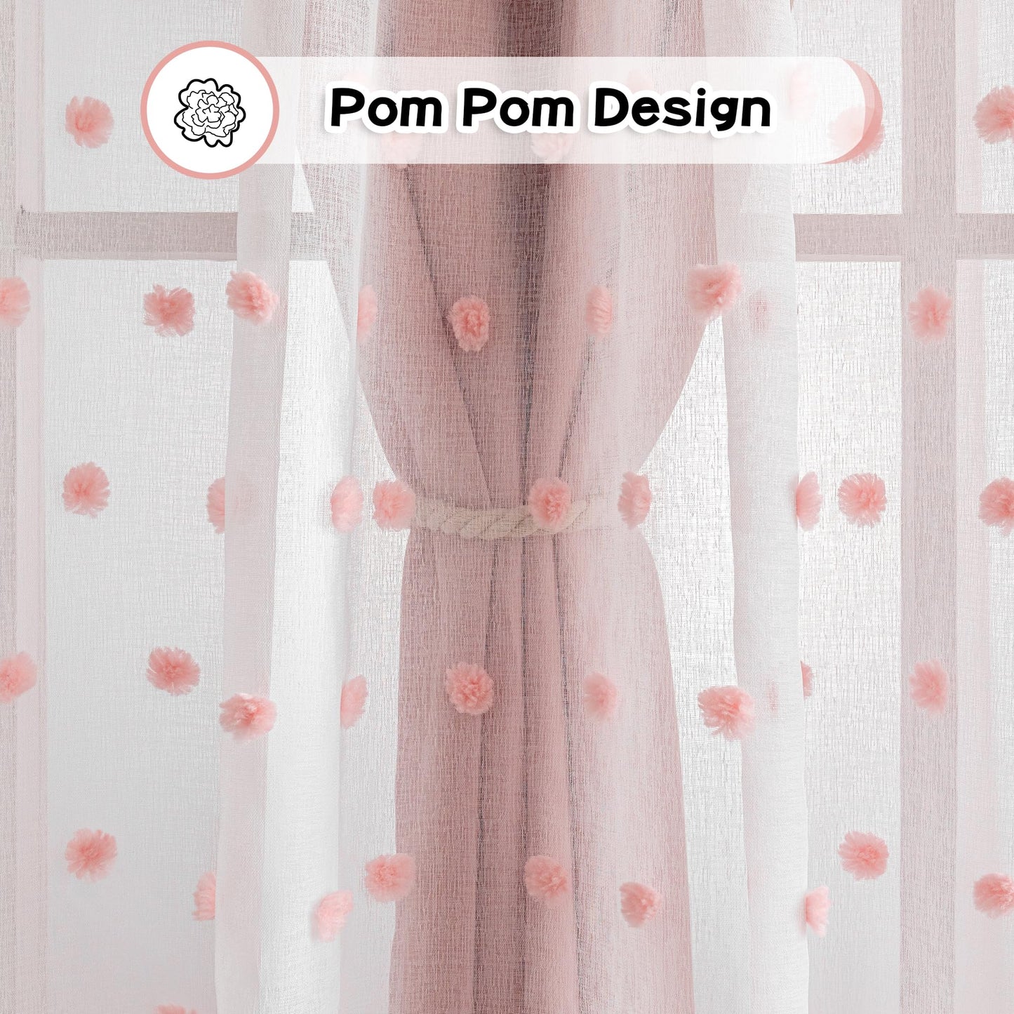 MYSKY HOME Pink Curtains for Girls Bedroom Pom Pom Sheer Curtain 63 Inches Length Thermal Insulated Nursery Blackout Curtains Room Darkening Short Kitchen Drapes Grommet, 52 x 63 in, 2 Panels