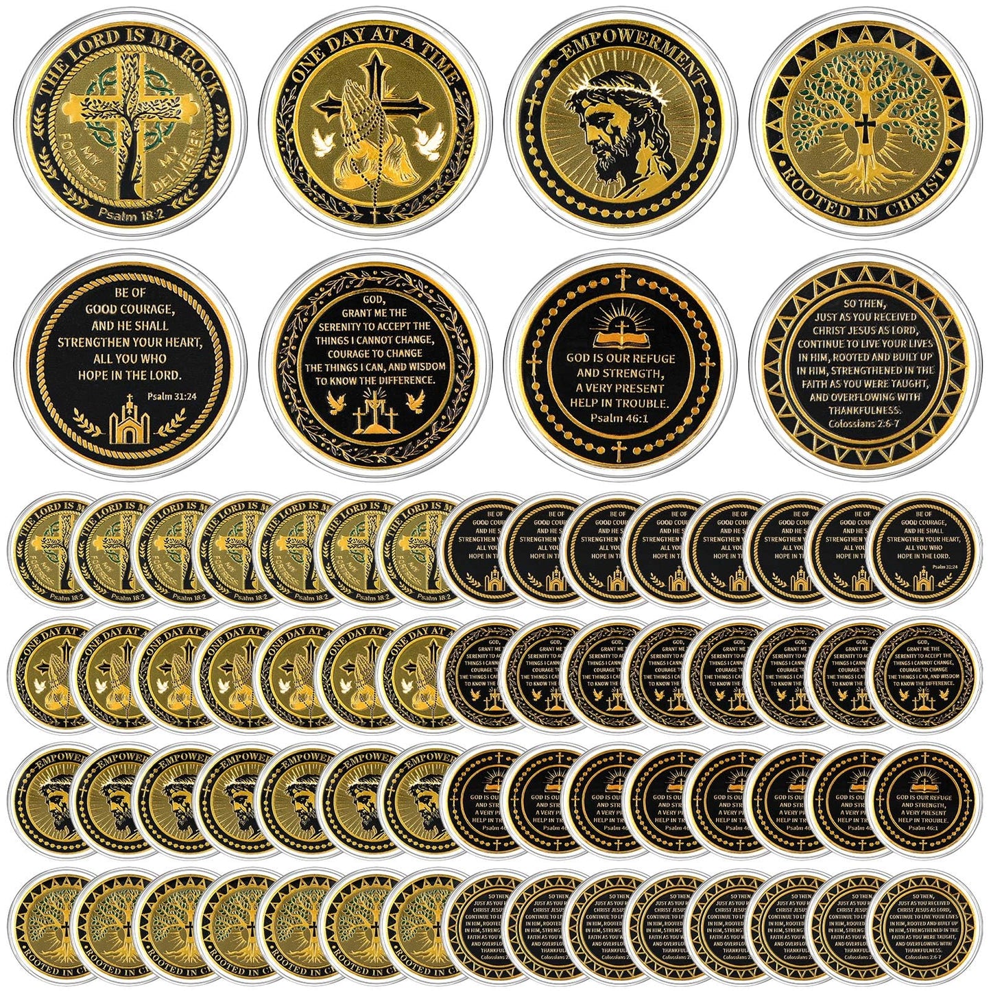 Ecation 60 Pcs Christian Challenge Coin Rooted in Christ The Lord is My Rock One Day at A Time Serenity Prayer Small Bible Verse Gift Empowerment Prayer Coins Double Sided Engrave Religious Gifts