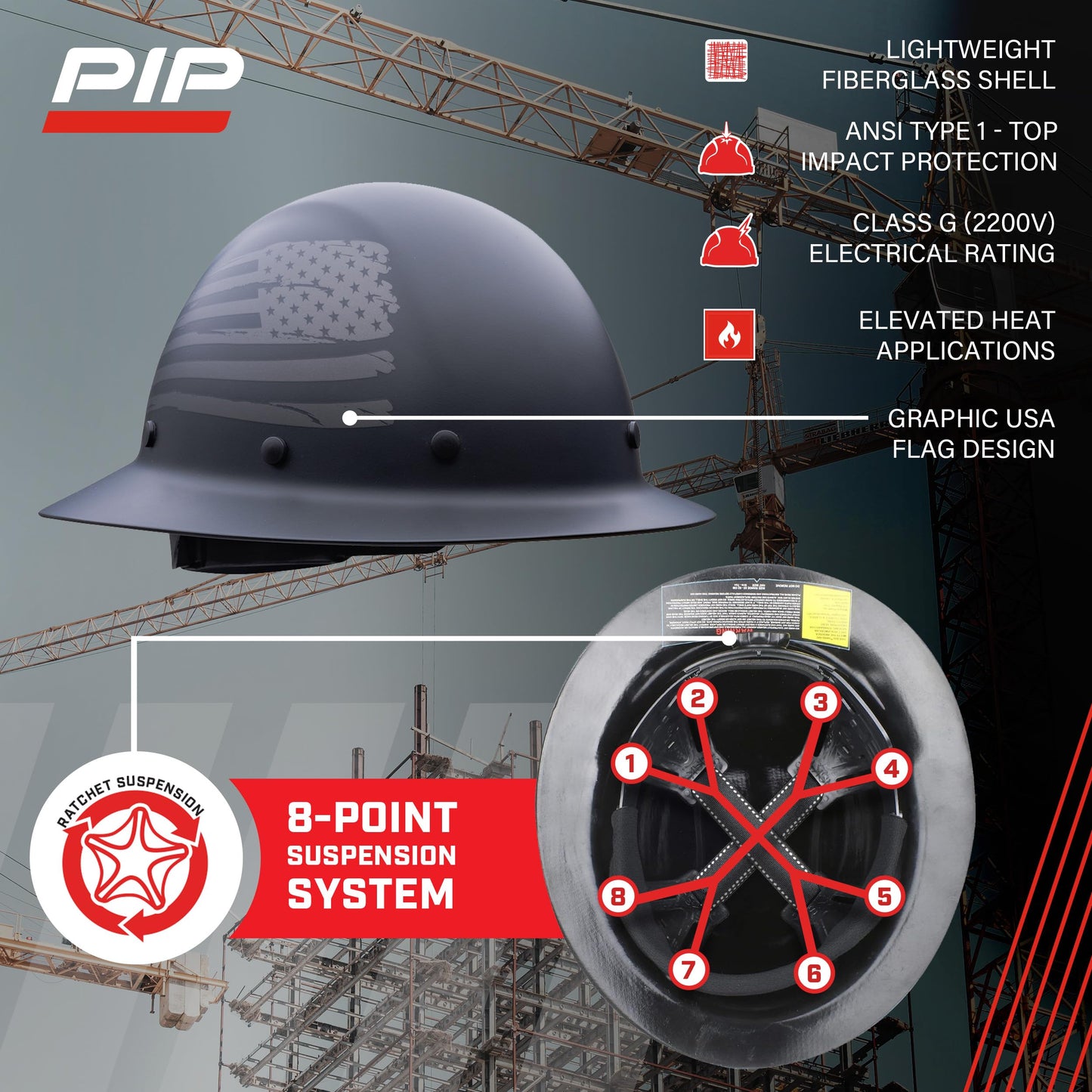 Dynamic WolfJaw Fiberglass Full Brim Hard Hat with Wheel Ratchet, 8 Point Suspension, ANSI/ISEA Z89.1 Type 1 Certified, Glass G Electrical Rating, Black (280-HP1481USA-11)