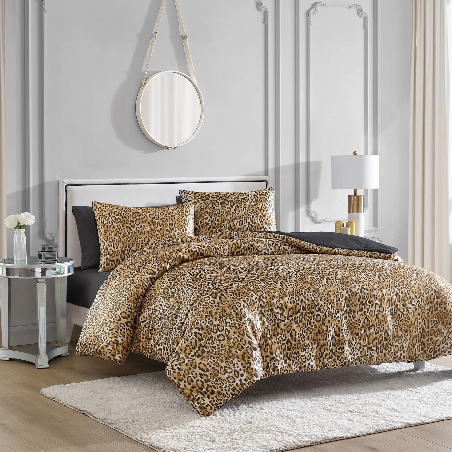Juicy Couture Full/Queen Leopard Satin Duvet Cover Set - Cheetah Print 3-Piece Machine Washable Reversible Animal Print Bedding Duvet Cover and Sham Set
