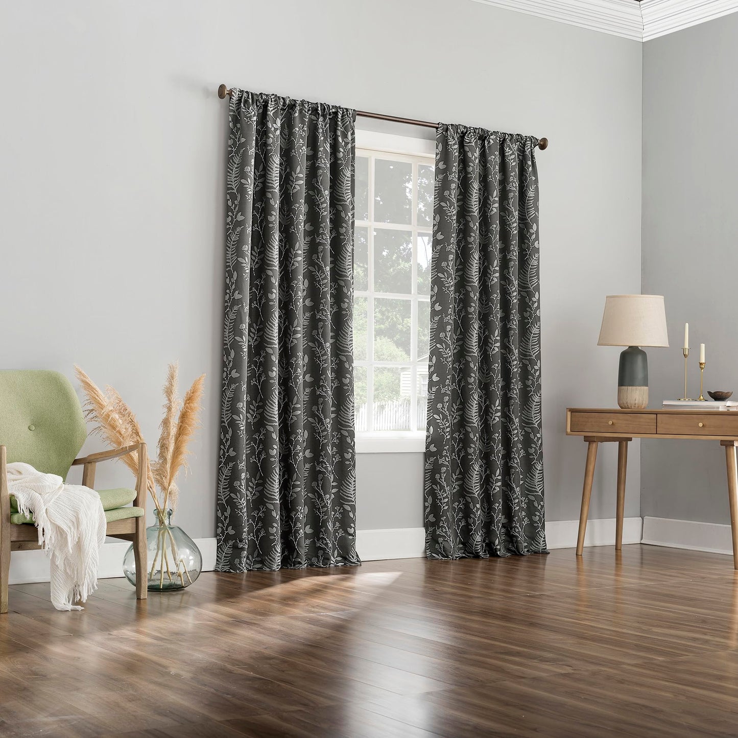Sun Zero Ambridge 2-Pack Embroidered Botanical Leaf Pleated Look 100% Total Blackout Back Tab/Rod Pocket Curtain Panel Pair, Steel Gray, 50" W x 84" L (2 Panels)