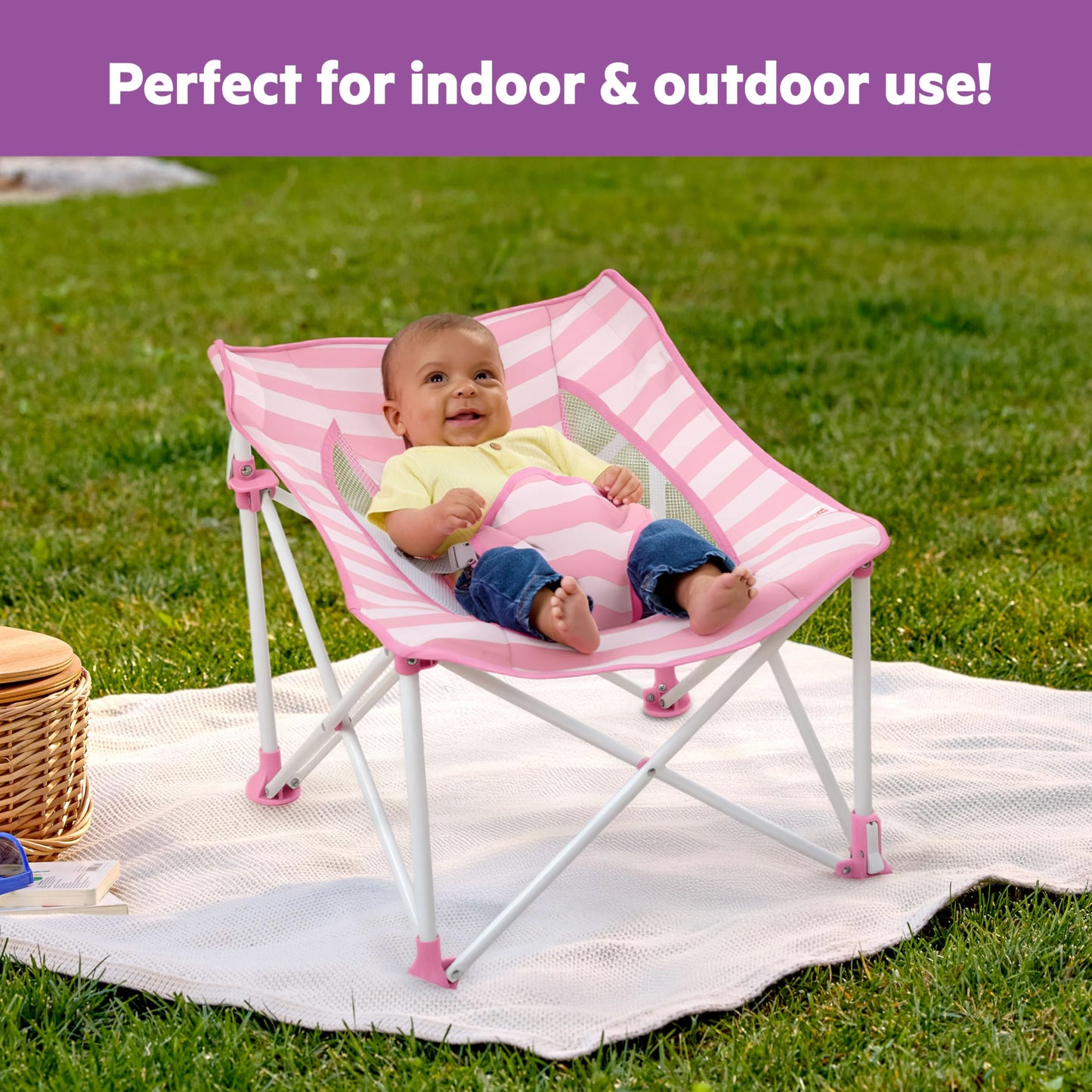 Bright Starts Pop ’N Chill Baby Chair Travel Seat, Indoor/Outdoor Use, Portable Infant Seat with Removable UPF 50+ Canopy, Pink, 0-6 Months