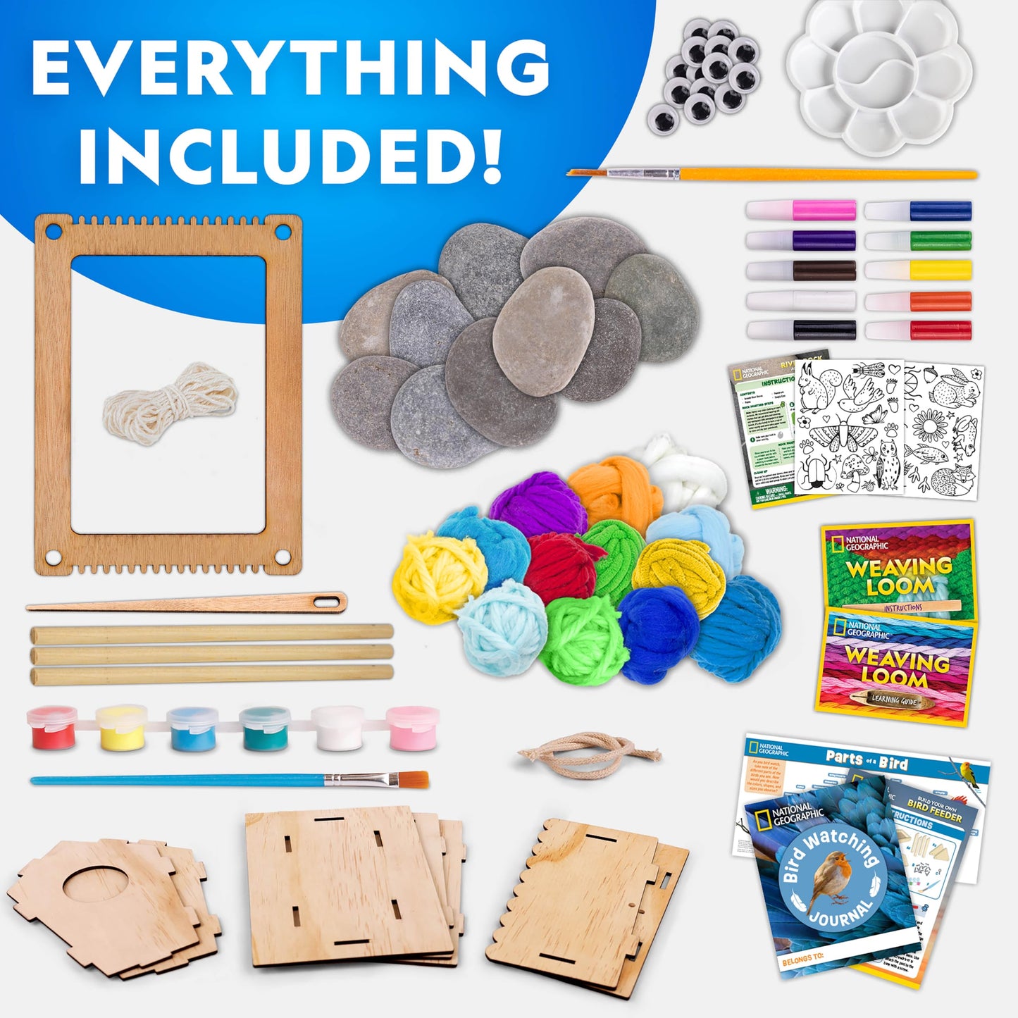 Blue Marble National Geographic Mega Arts & Crafts Activity Kit – 3 Craft Kits in 1 to Build, Paint, Weave & Create, River Rock Painting Kit, Weaving Loom for Kids & DIY Birdhouse Craft