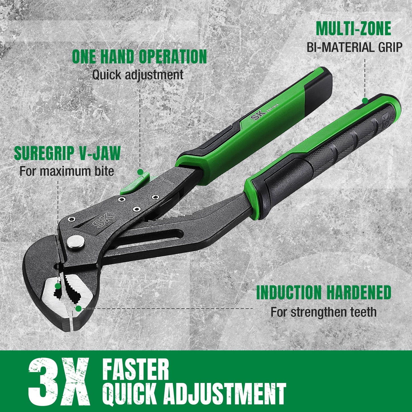 SK 5-Piece Pliers Set, 8" Adjustable Joint Plier, 8", 10" and 12" Quick Adjust V-Jaw Groove Joint Pliers, 10" Plier Wrench, Premium CR-V Construction, with EVA Foam Tool Organizer
