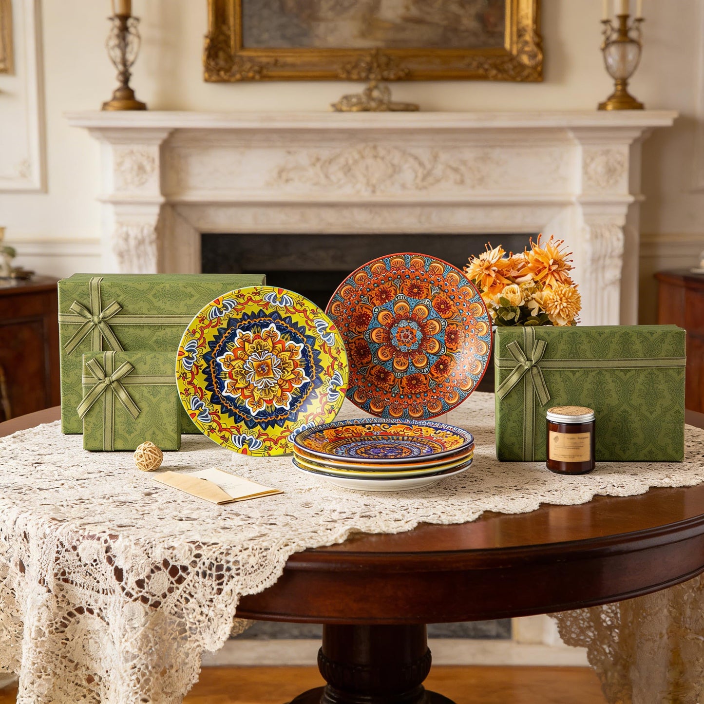 vancasso Colorful Dinner Plates Set of 6, 10.5 Inch Ceramic Kitchen Plates for Dinner, Bohemian Printed Dishes for Dining, Microwave & Dishwasher Safe Plate Set, Series KRVI