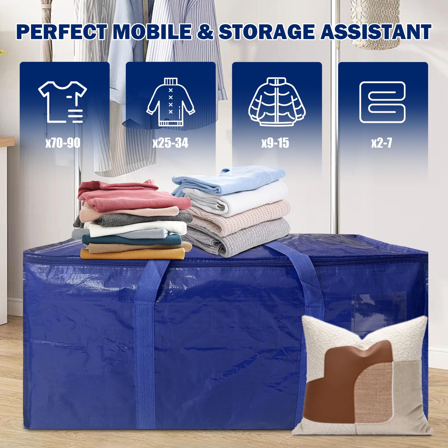 8 Pack Extra Heavy Duty Large Moving Bags with Strong Zipper & Carrying Handles, Sturdy Clothes Storage Bag Totes Bins, Packing Bags Moving Boxes College Moving Supplies, Dark Blue - 40 gal