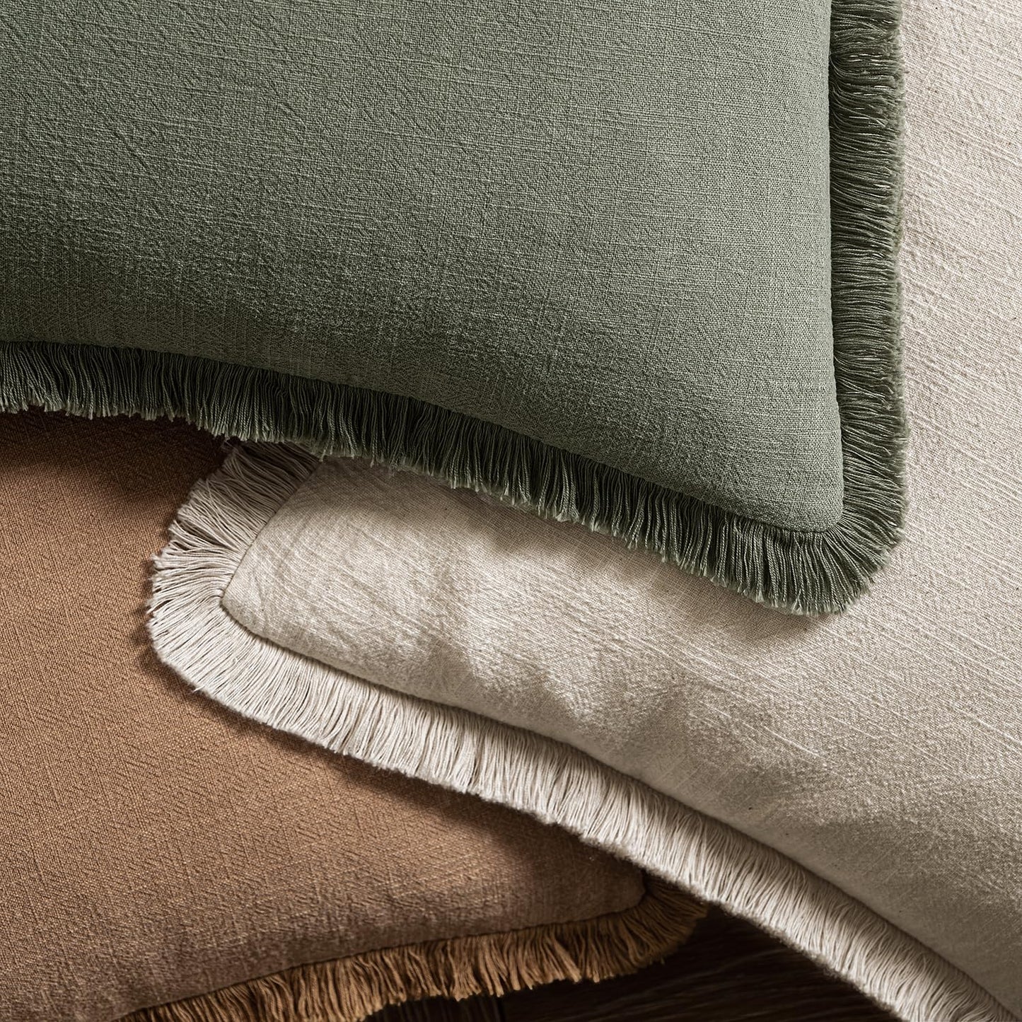 MIULEE Decorative Throw Pillow Covers Neutral Linen Fringe Throw Pillows Set of 2 Light Olive Green Boho Farmhouse Cushion Covers for Couch Sofa Bed Living Room Spring Home Decor 20x20 Inch