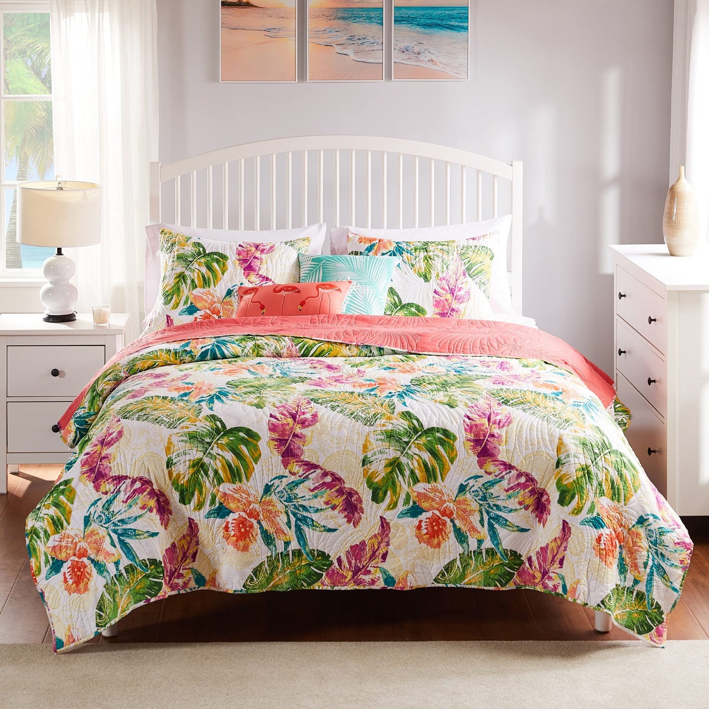 Greenland Home Tropics Palm Leaves Coastal Cotton Blend Quilt Set, 3-Piece King/Cal King, Coral