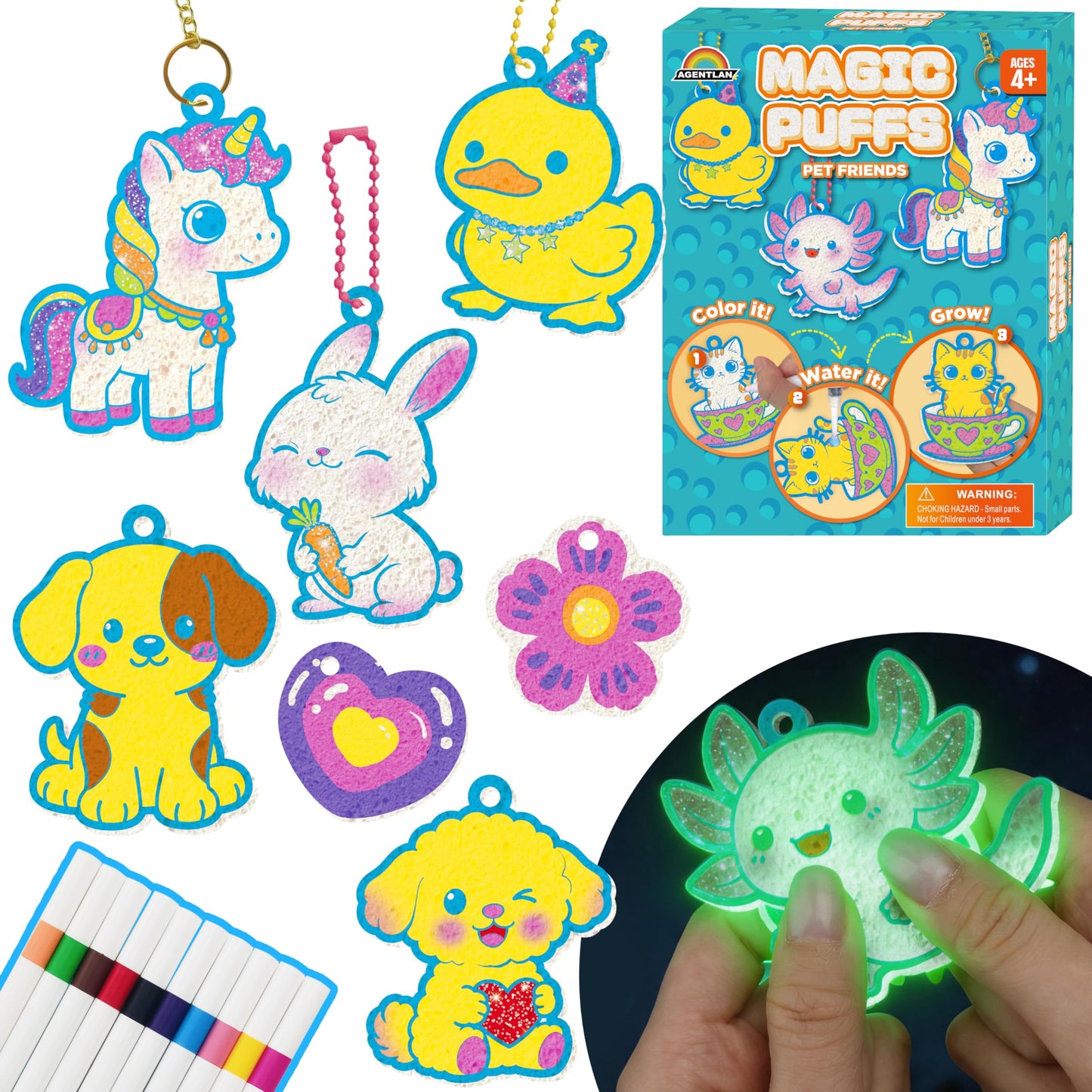 AGENTLAN Grow Your Own Puffy Pets 50+Piece DIY Art Kit for Kids Ages 4-8, Screen-Free Craft with Glow-in-the-Dark & Glitter Effects