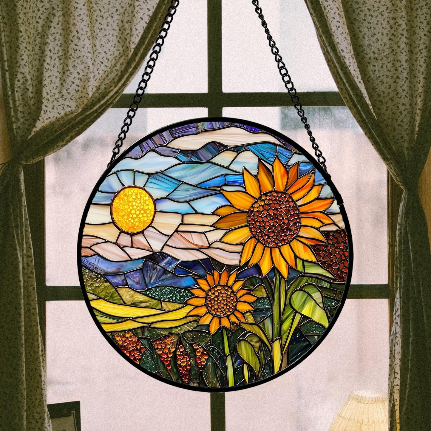 AMDERVEN Stained Glass Suncatcher, Sunflower Flowers Landscape Sun Catcher Plant Mountains Stain Glass Window Hanging Decoration Mother's Day Birthday Gifts for Women Men Mom Nana 7.8 in