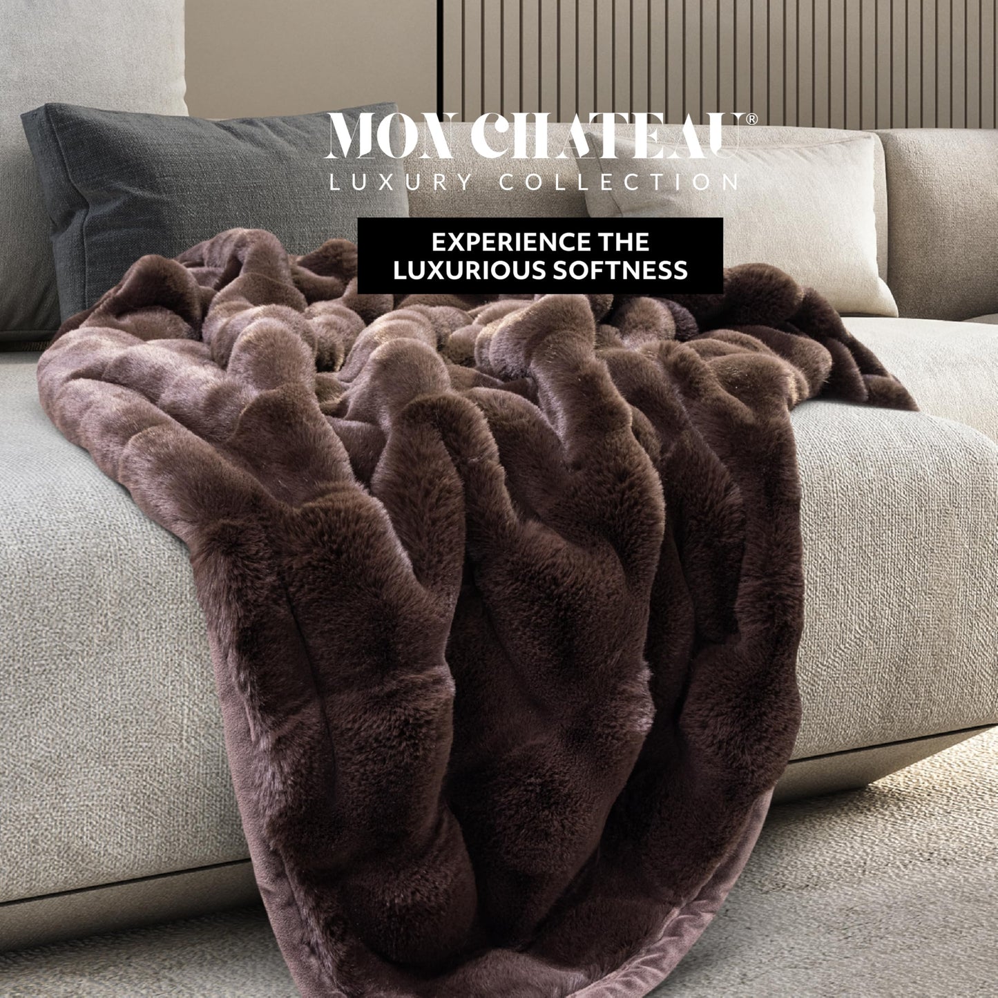 Mon Chateau 60" x 70" Hearthside Faux Fur Throw Blanket, Reversible Soft Blanket for Queen-Size Bed, Couch, or Sofa, Cozy Home Decor and Stylish Living Room Comfort, Winter Cream (Chestnut Square)