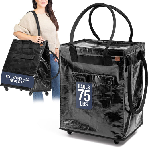 CleverMade Hauler Rolling Tote Bag, 90L Collapsible Portable Shopping Cart with Wheels for Groceries, Laundry, Organization – Heavy Duty Utility Tote with 75 lb Capacity, Basket with Wheels, Black