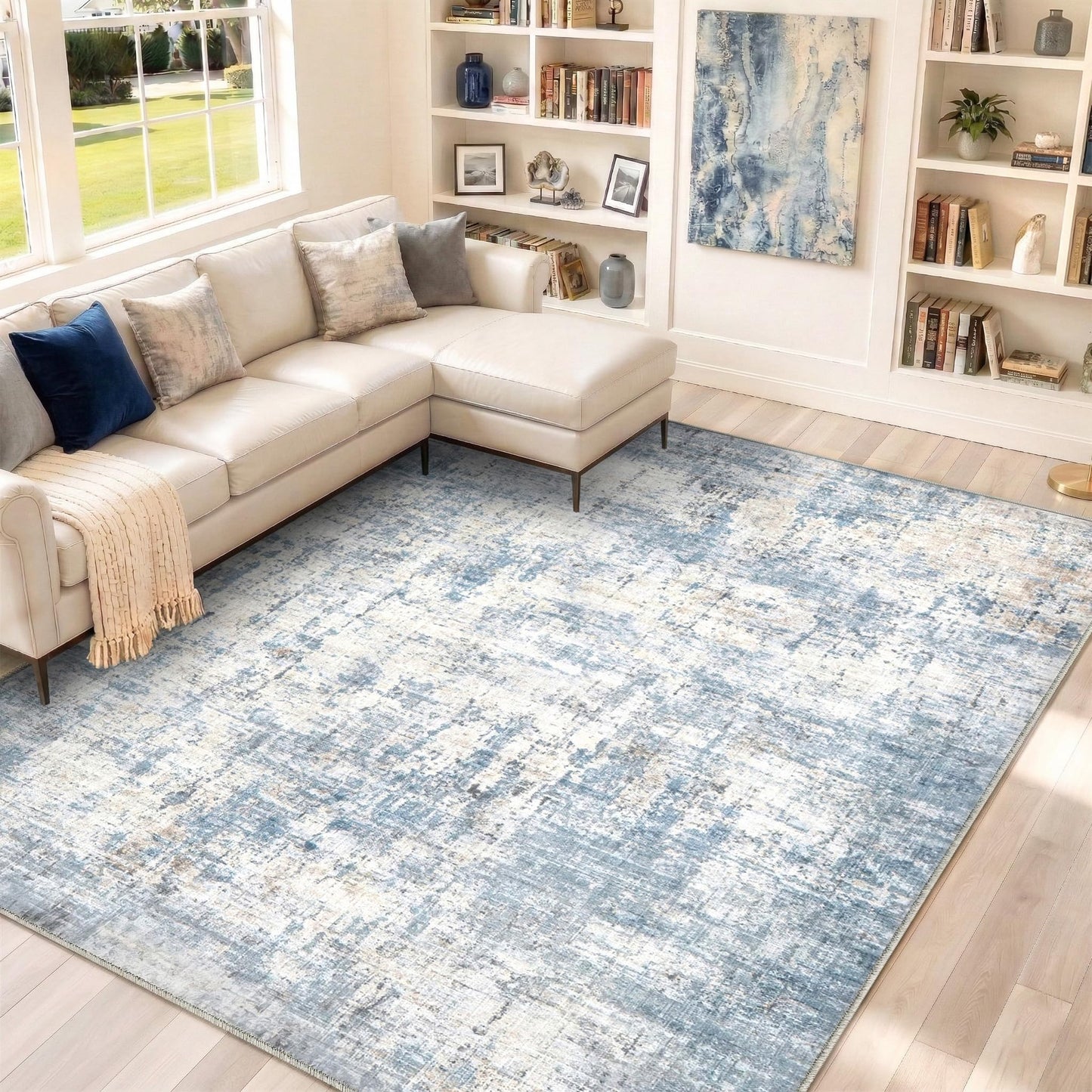 Syrlfar 8x10 Area Rugs Washable Living Room Rug-No Slip Soft Carpets Modern Abstract Coastal Indoor Floor Stain Resistant Large Carpet for Bedroom Dining Room Farmhouse Nursery Home Office Blue