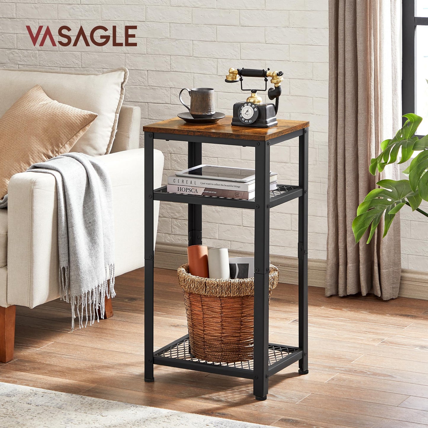 VASAGLE 3-Tier Tall Side Table, Small Telephone End Table Stand with 2 Mesh Storage Shelves for Office, Bedroom, Living Room, Kitchen Cart, Rustic Brown and Ink Black