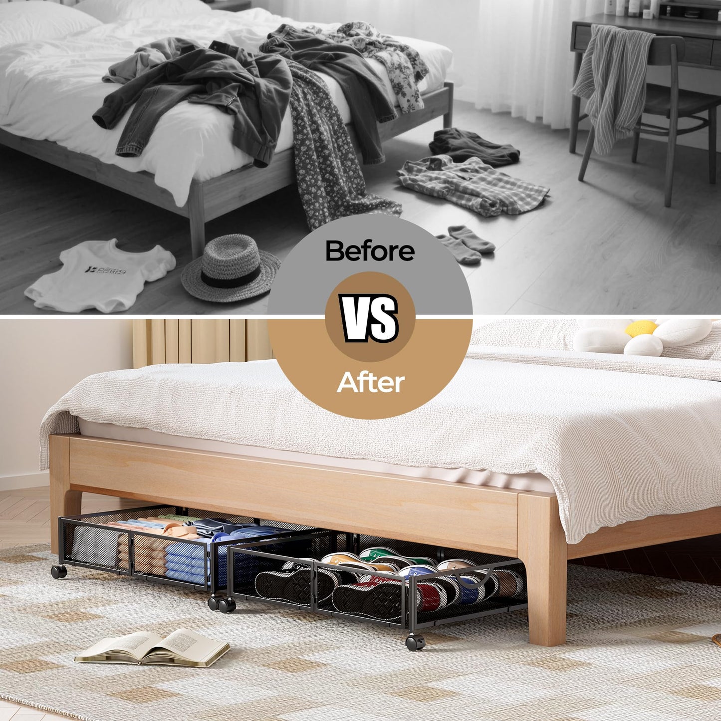 Yecaye Under Bed Storage with Wheels, 4 Pack Under Bed Shoe Storage Organizer Drawer, Tool-free Assembly Metal Underbed Storage Containers for Clothes, Shoes, Toys, Black