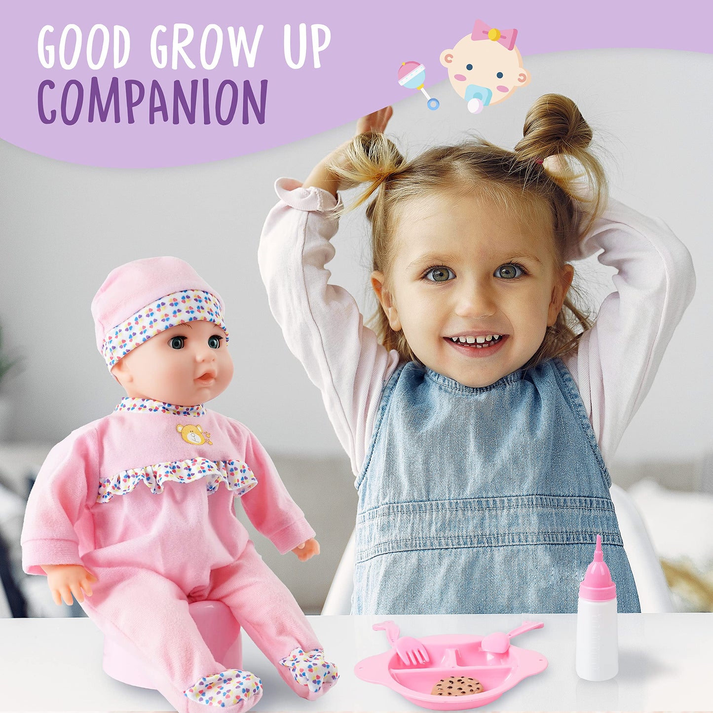 SMILESSKIDDO Interactive Baby Doll Pink - 16 Inch Crying Talking Feeding Dolls with Different Sounds and Accessories, Pretend Play Preschool Toys for 2 3 4 5+ Year Old Girls Boys Gift