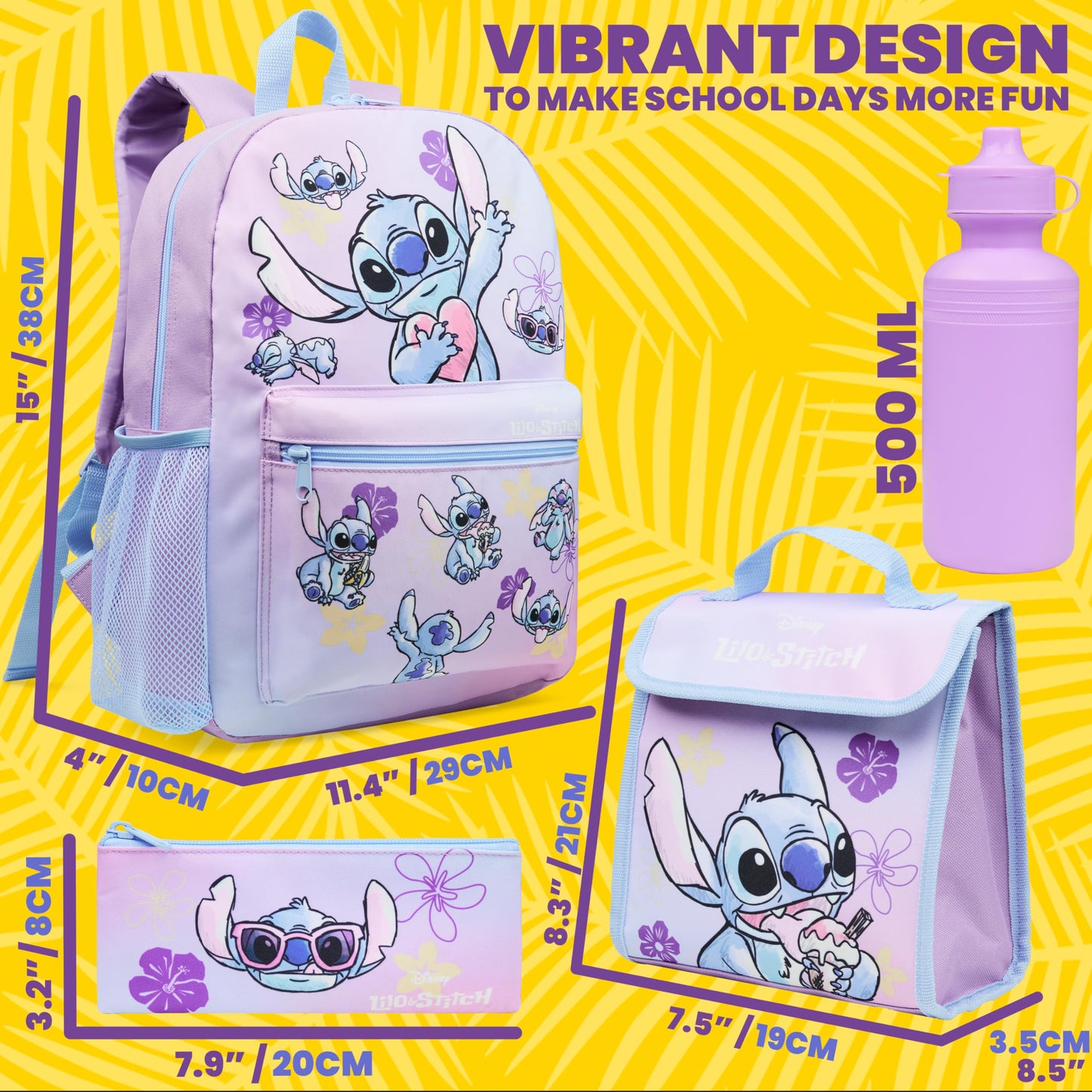 Disney Stitch Backpack Set 4 Pcs with Insulated Lunch Bag Water Bottle Pencil Case Gifts for Kids