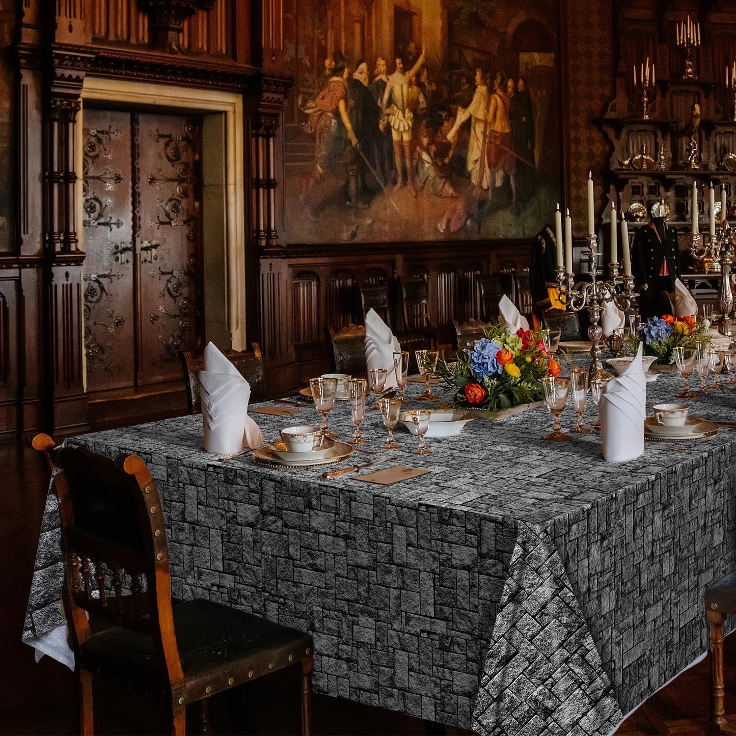Kochorie 200 Ft X 54 Inch Stone Wall Tablecloth Roll with Cutter Box Disposable Plastic Stone Table Cover Medieval Stone Brick Table Cloth Dirt Floor Wall Backdrops for Farm Wedding Birthday Party